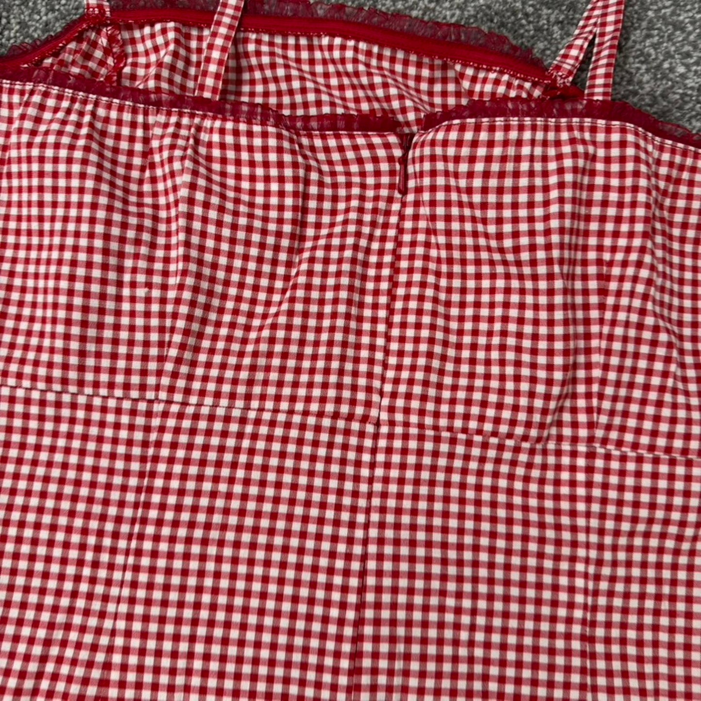 90s Y2K vintage gingham milkmaid midi dress frill bust trim red white stretchy