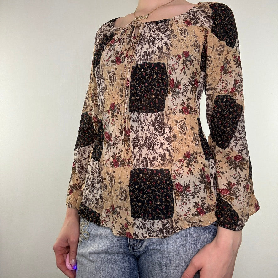 Y2K vintage blouse top sheer floral flared sleeve bow boho