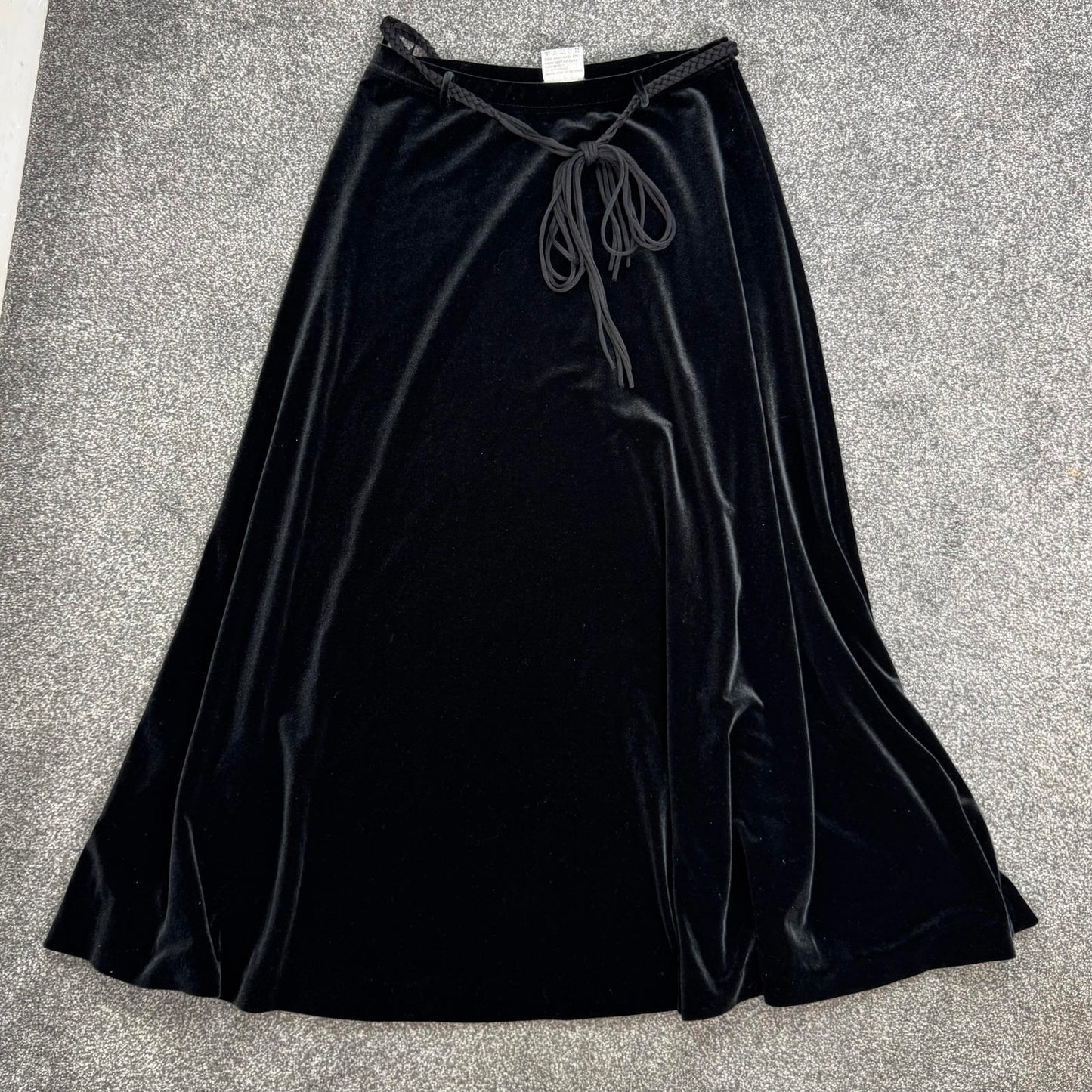 Y2K vintage velour stretchy maxi skirt black with braided belt a line flowy