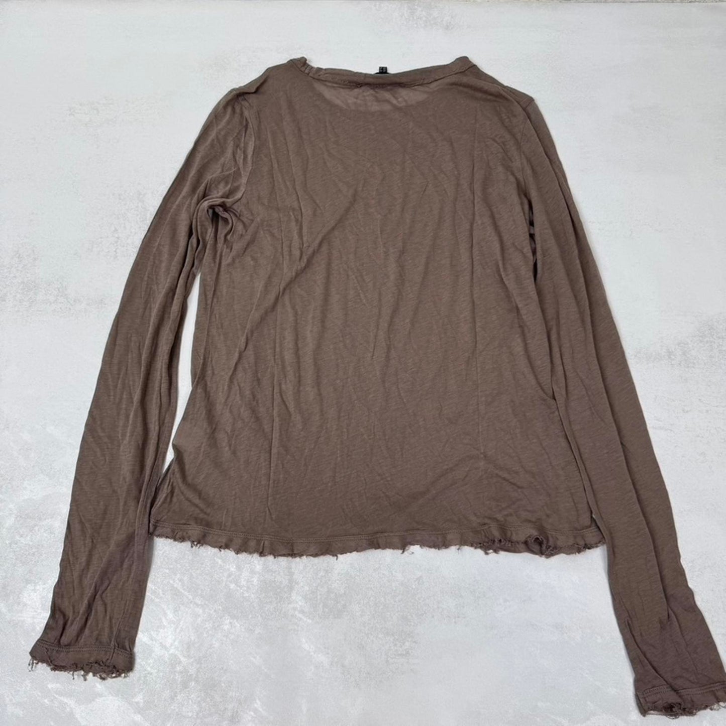 ME+EM sheer long sleeve top fraying hem light brown layering basic