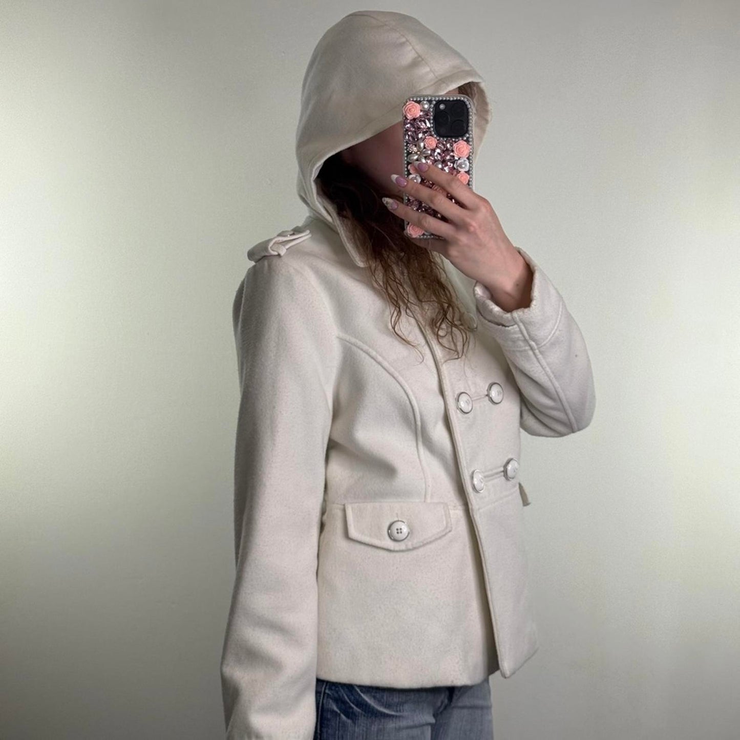 Y2K vintage wool blend pea coat button hood military short jacket