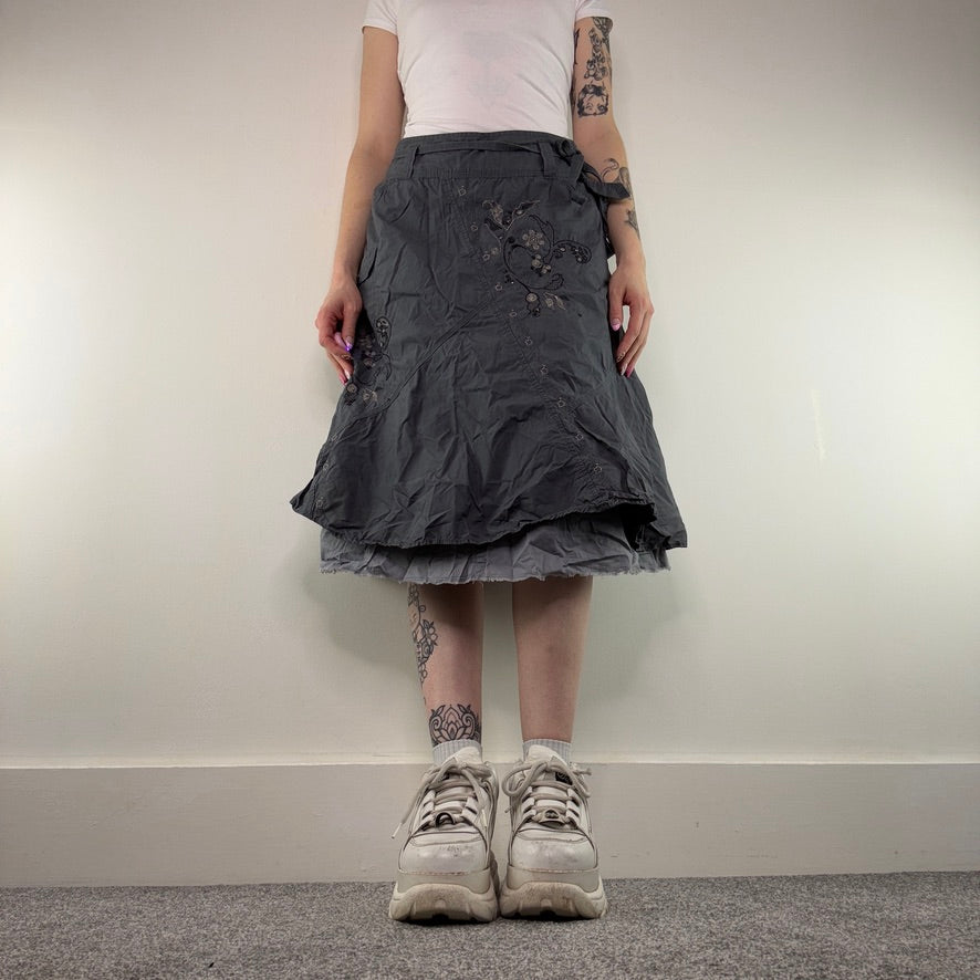 Y2K vintage grey midi skirt floaty archive floral embroidered