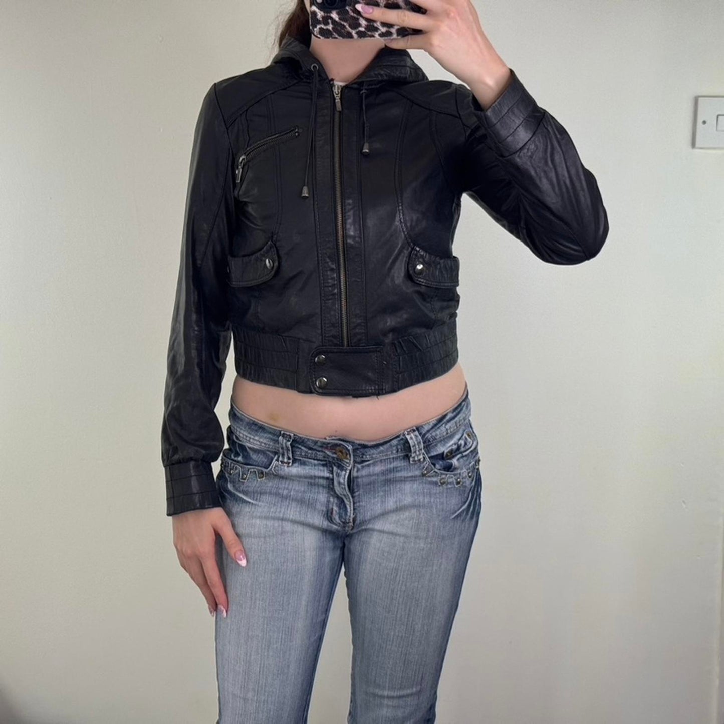 Y2K vintage genuine leather zip up jacket crop short length elastic waist hood