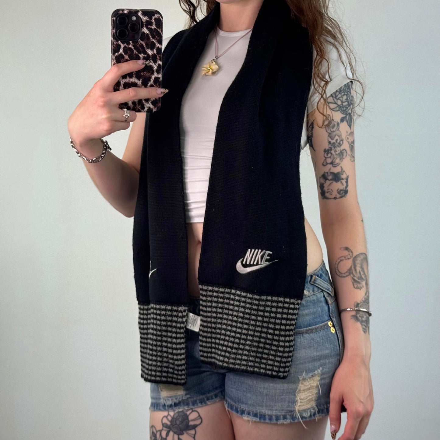 Y2K vintage Nike knit black grey stripe scarf unisex embroidered logo