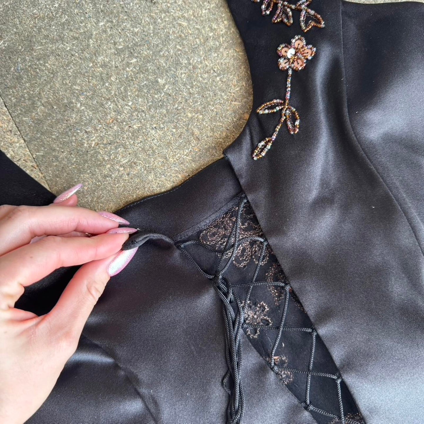 Y2K vintage satin style floral embroidered lace up midi dress fitted round neck