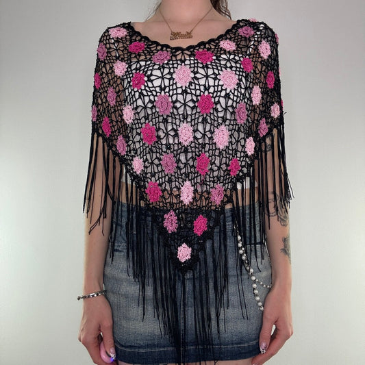 Y2K crochet floral sequin pink black shawl summer cover up