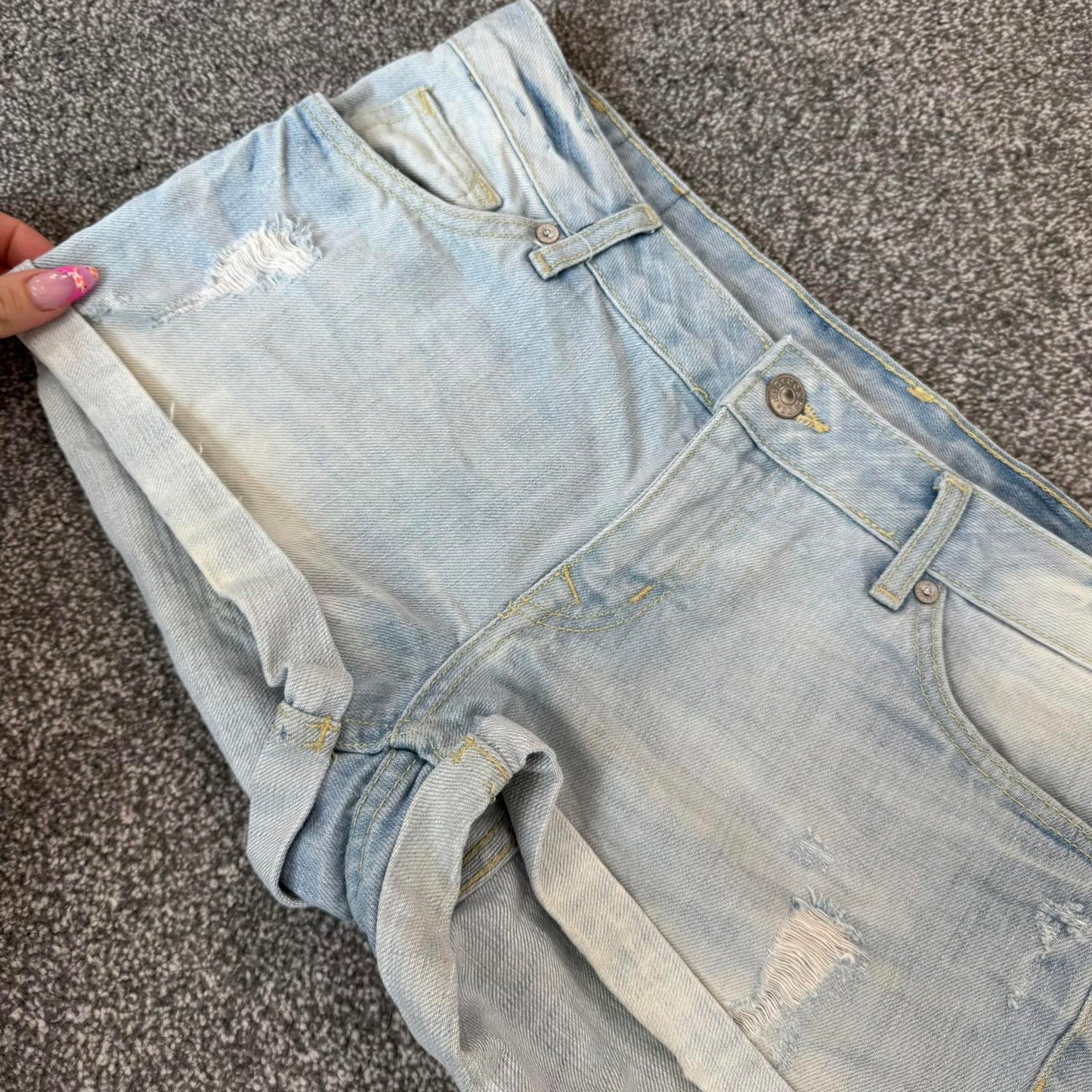 Vintage low rise light blue denim mini shorts distressed contrast stitch