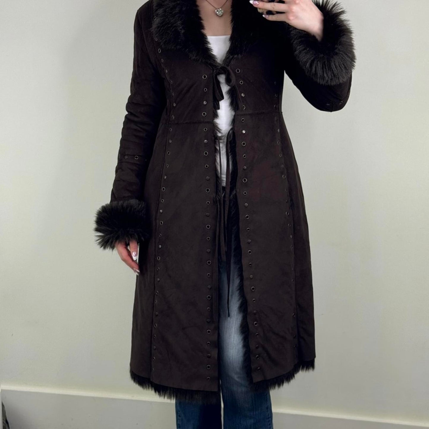 Y2K vintage faux fur coat long trench afghan full length studded grommet brown