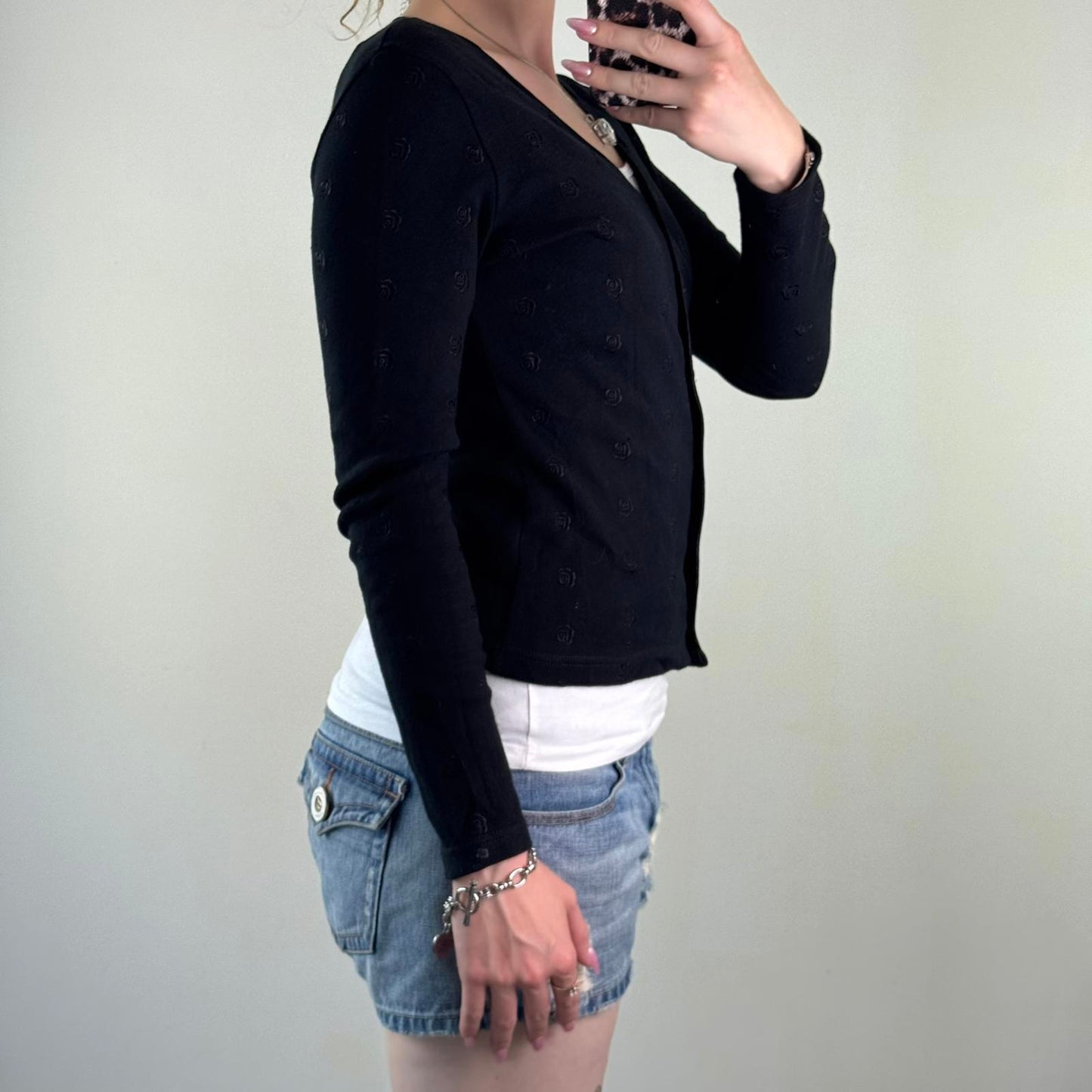 Y2K vintage button up rose embroidery cardigan v neck long sleeve floral black