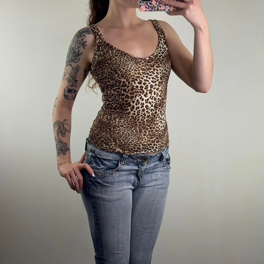 Y2K vintage leopard print tank top stretchy fitted low neckline open back