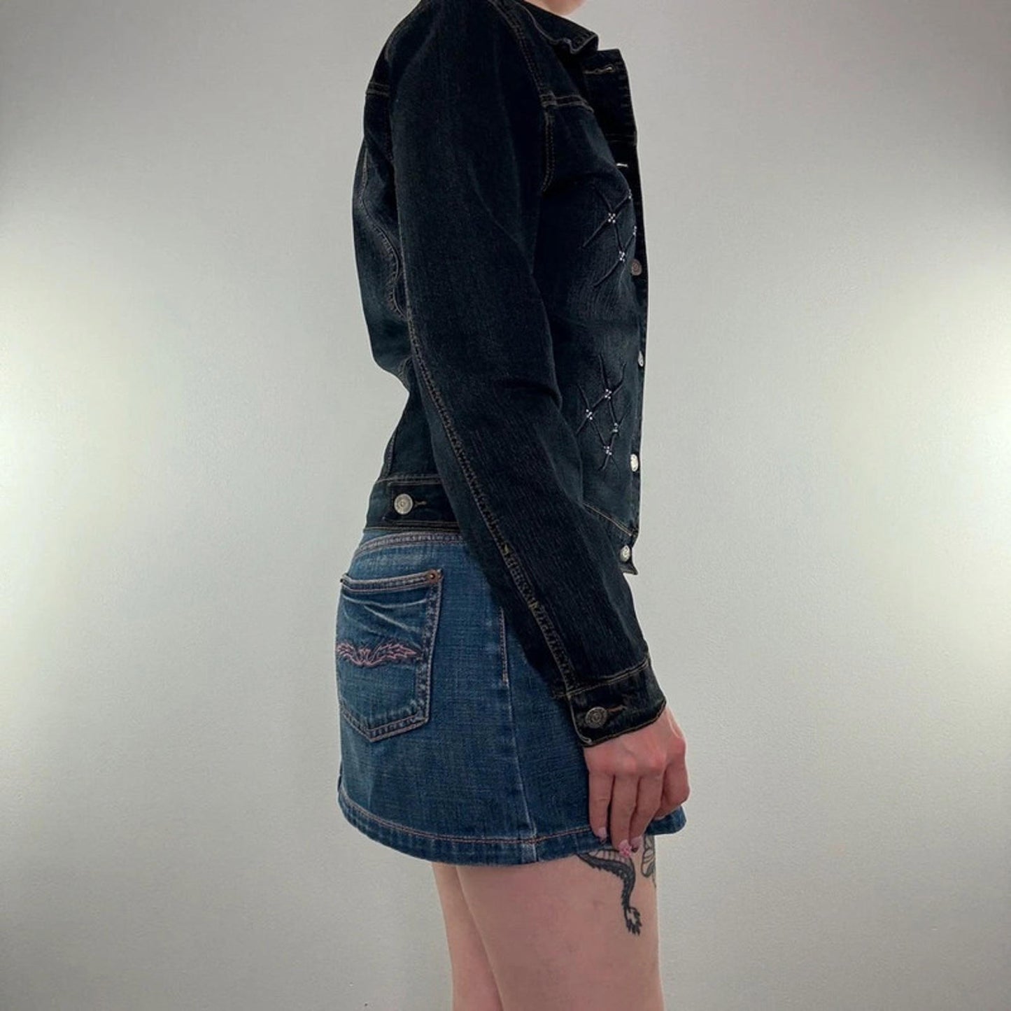 Y2K vintage rhinestone sparkle faded navy denim jacket dark wash button up