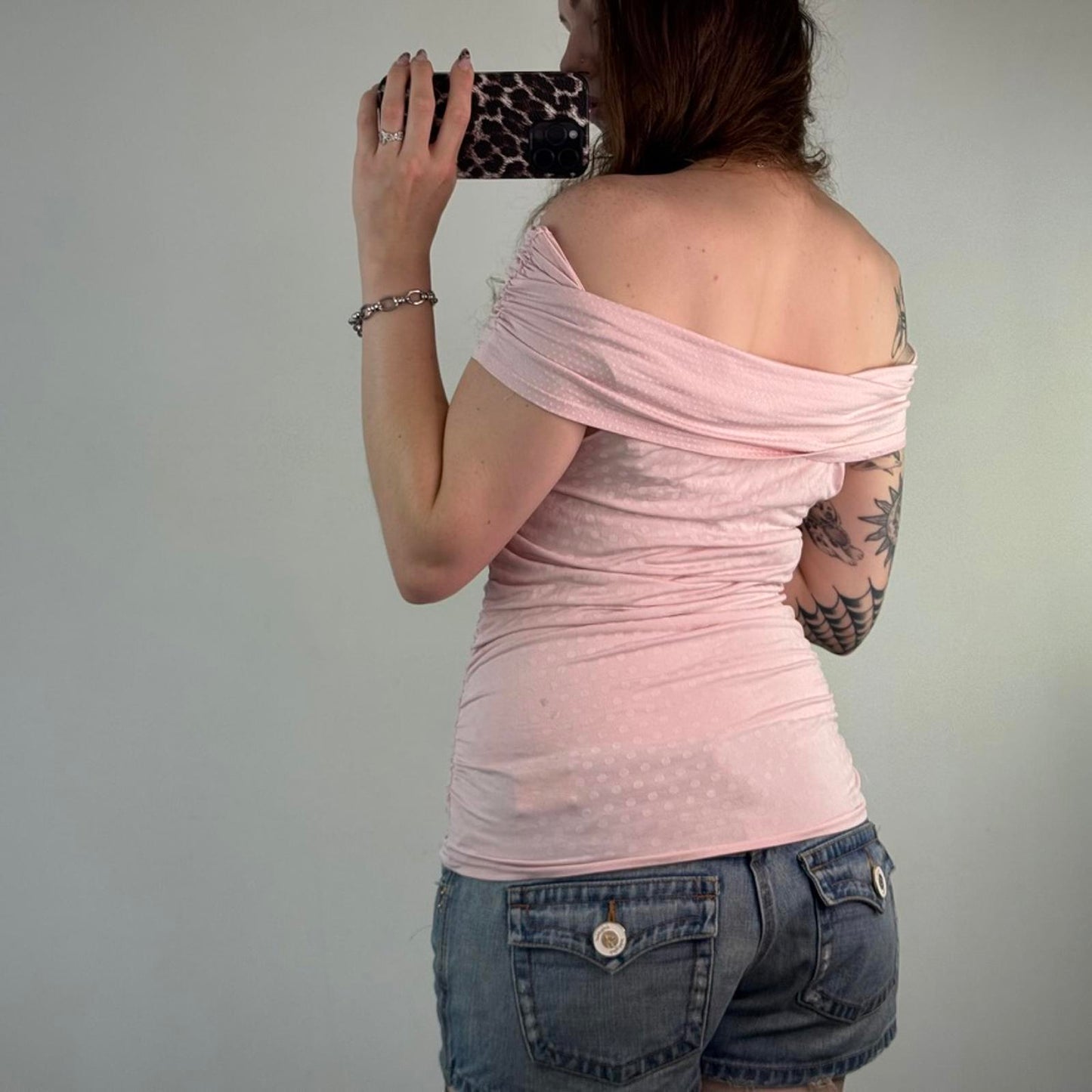 Y2K vintage off the shoulder bardot polka dot top ruched baby pink stretchy bow