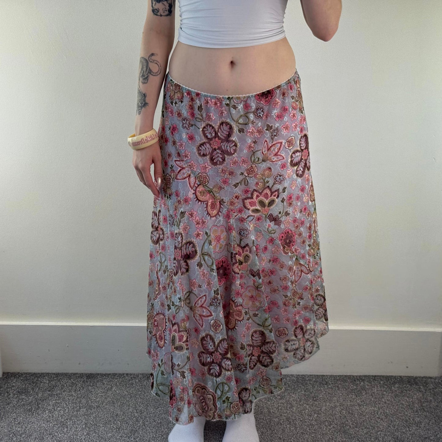 Y2K vintage floral mesh overlay maxi skirt a line lace pink blue beige stretchy