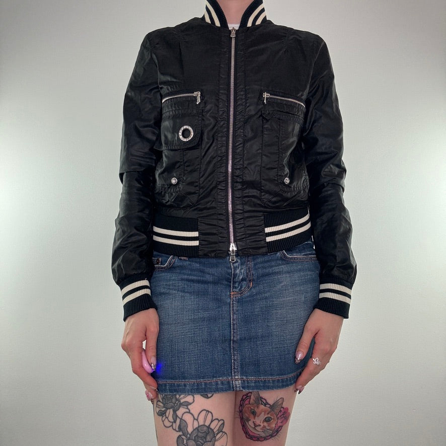 Y2K satin zip up rhinestone short cropped jacket