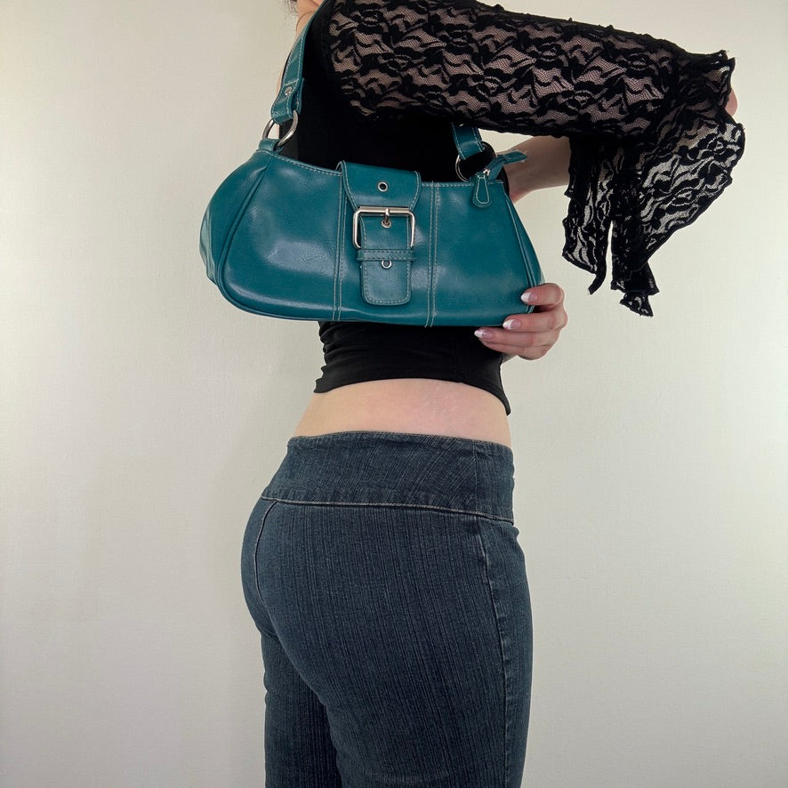 Y2K vintage blue faux leather buckle o ring mini shoulder bag
