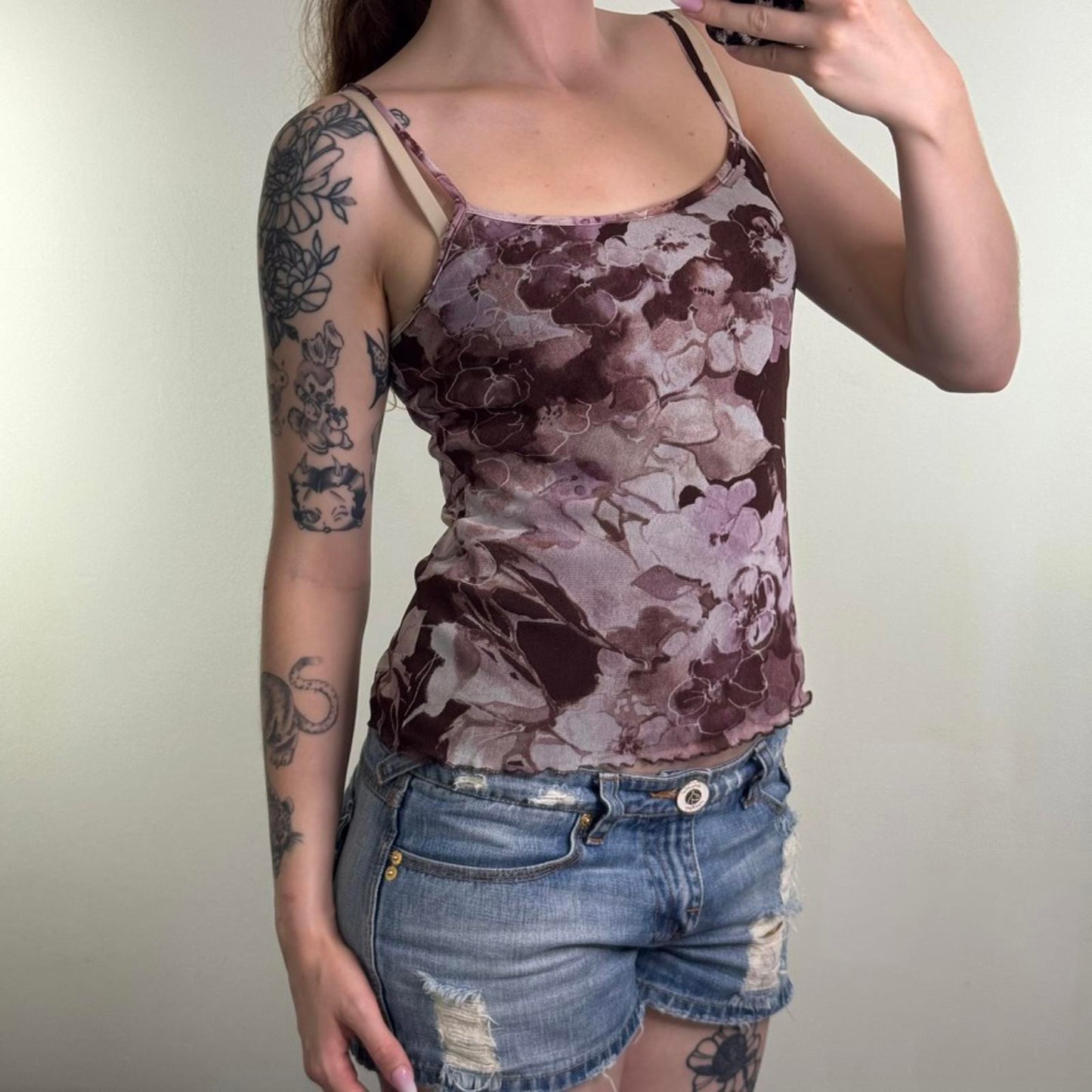 Y2K vintage mesh floral cami top stretchy lettuce hem strappy