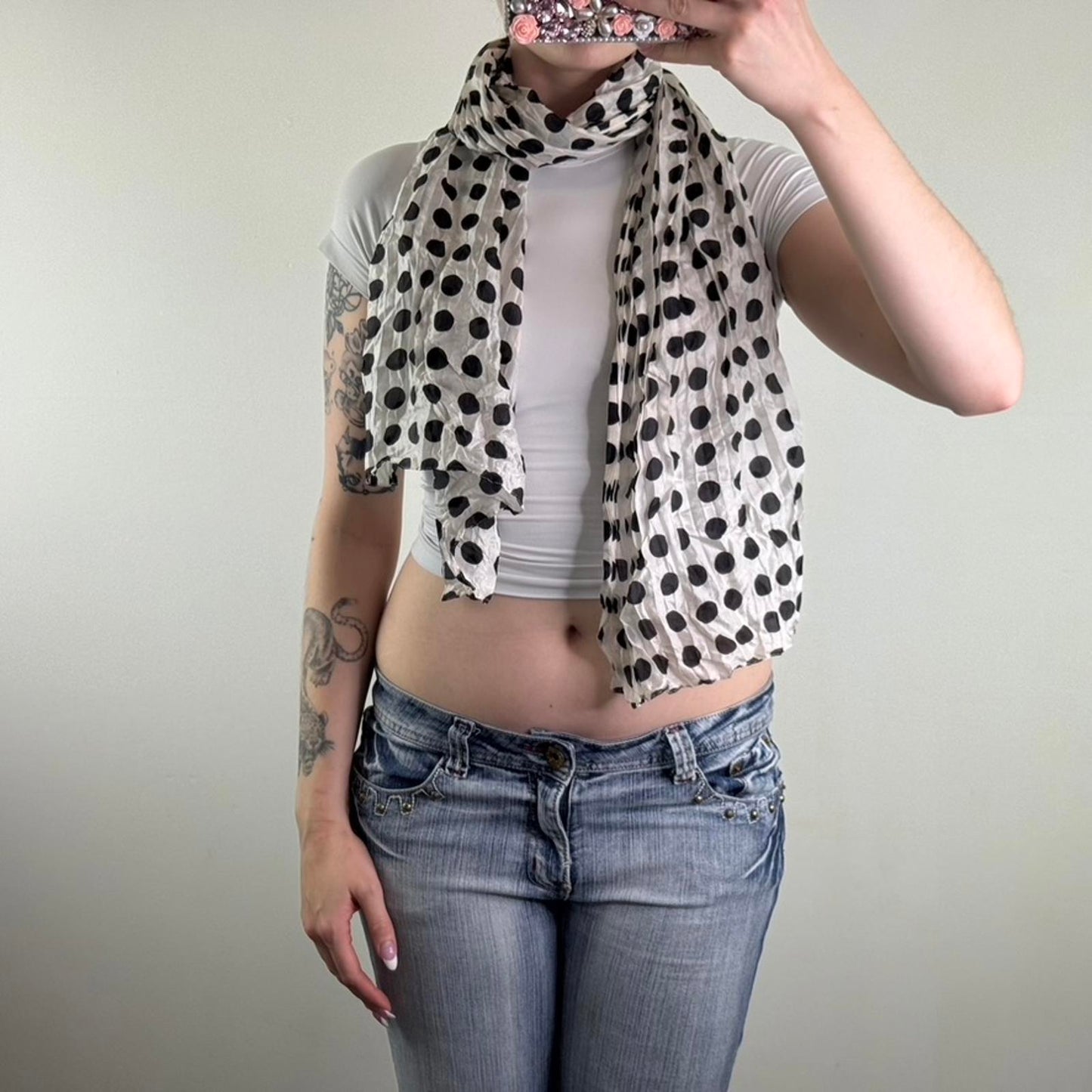Y2K vintage polka dot lightweight scarf crinkle spotty black white monochrome