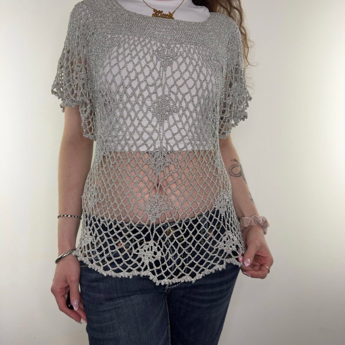 Y2K vintage crochet sparkly square neck top