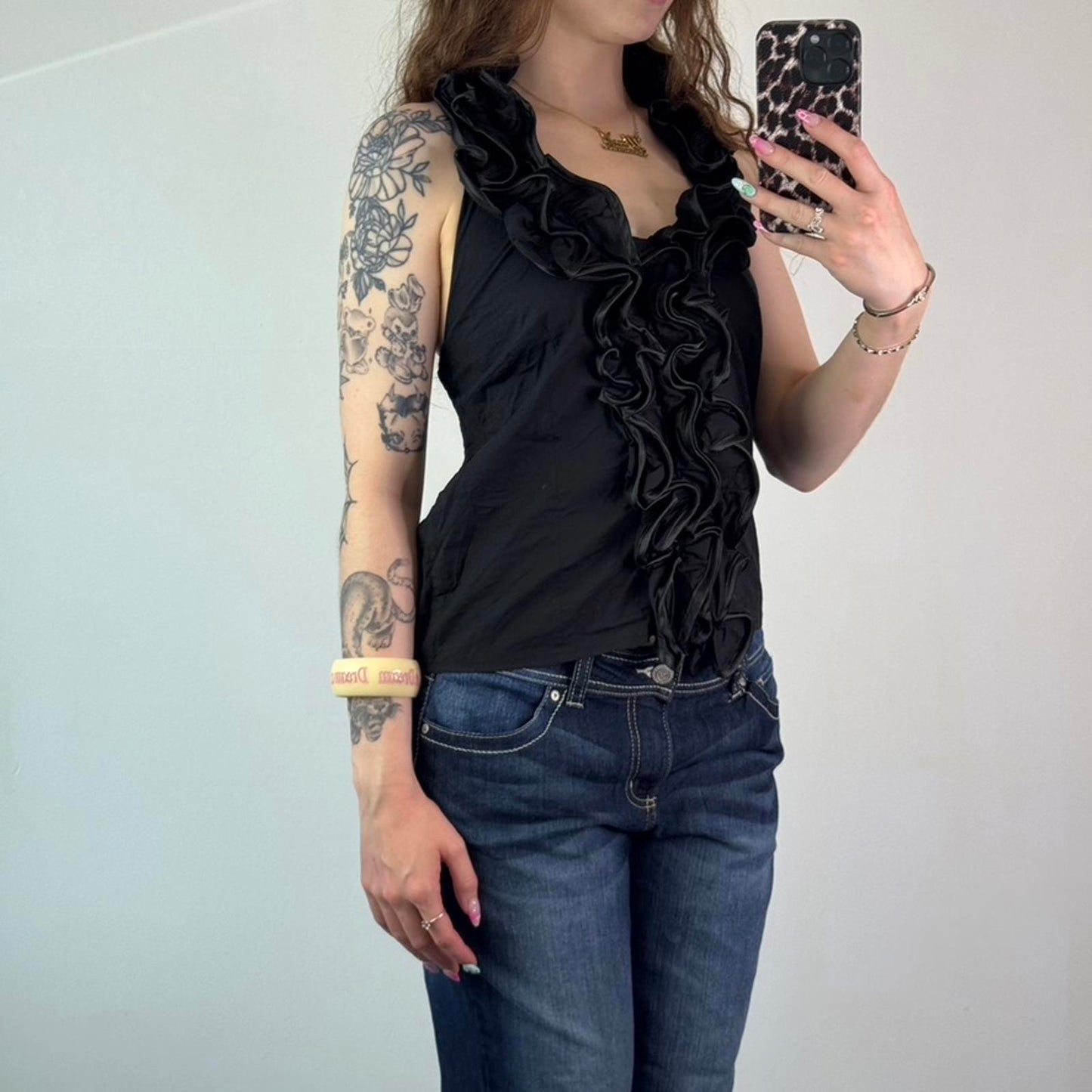 Y2K vintage ruffle v neck tank top big frilly neckline