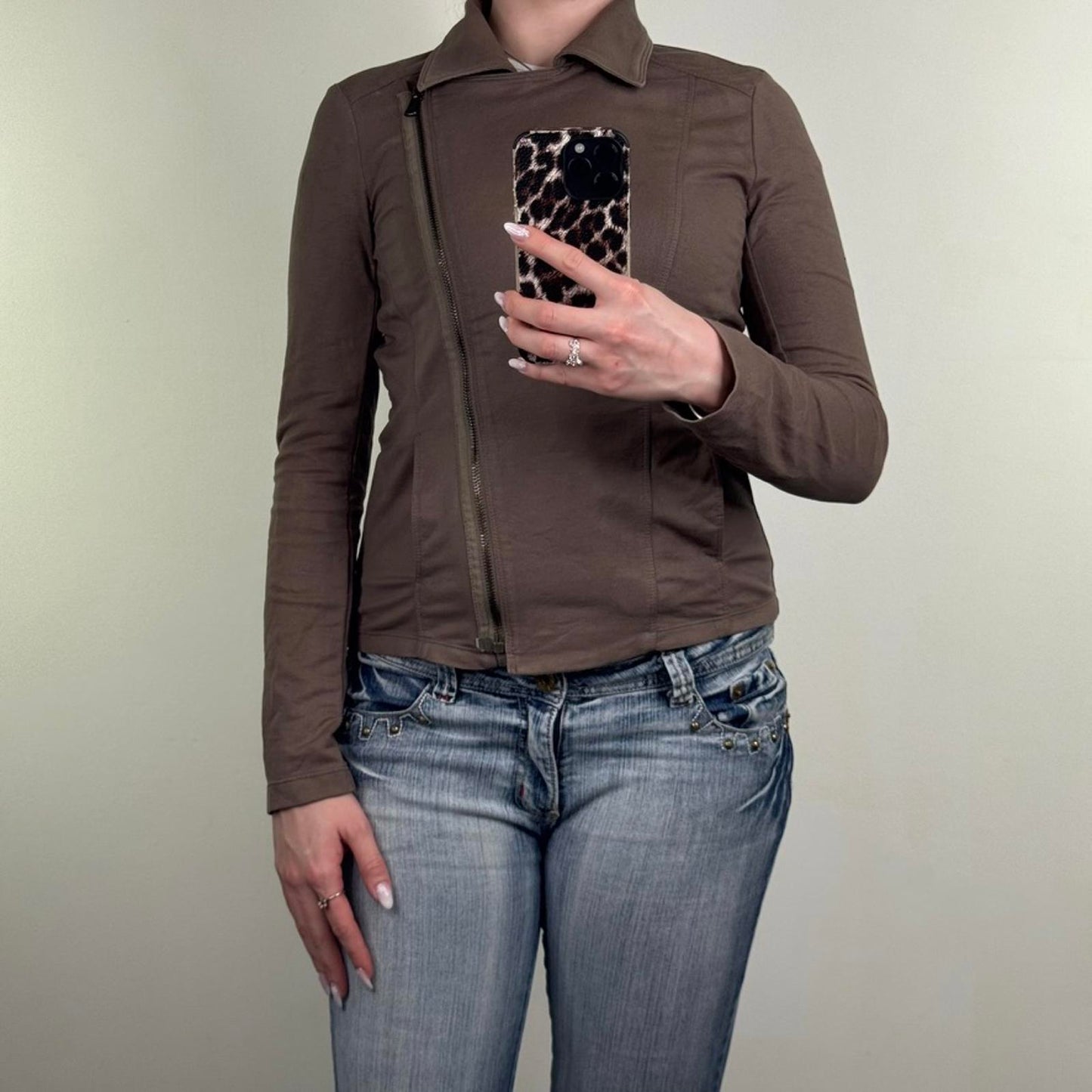 Y2K vintage archive asymmetrical zip up jumper fitted light brown stretchy