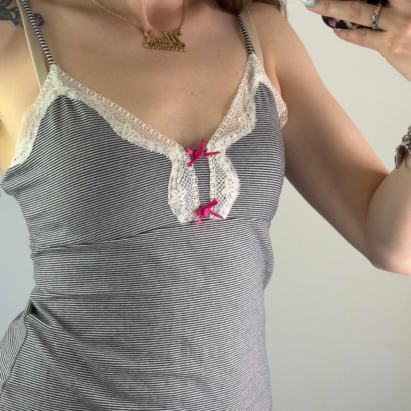 Y2K vintage stripe sparkly cami top lace trim pink bow bust navy white strappy