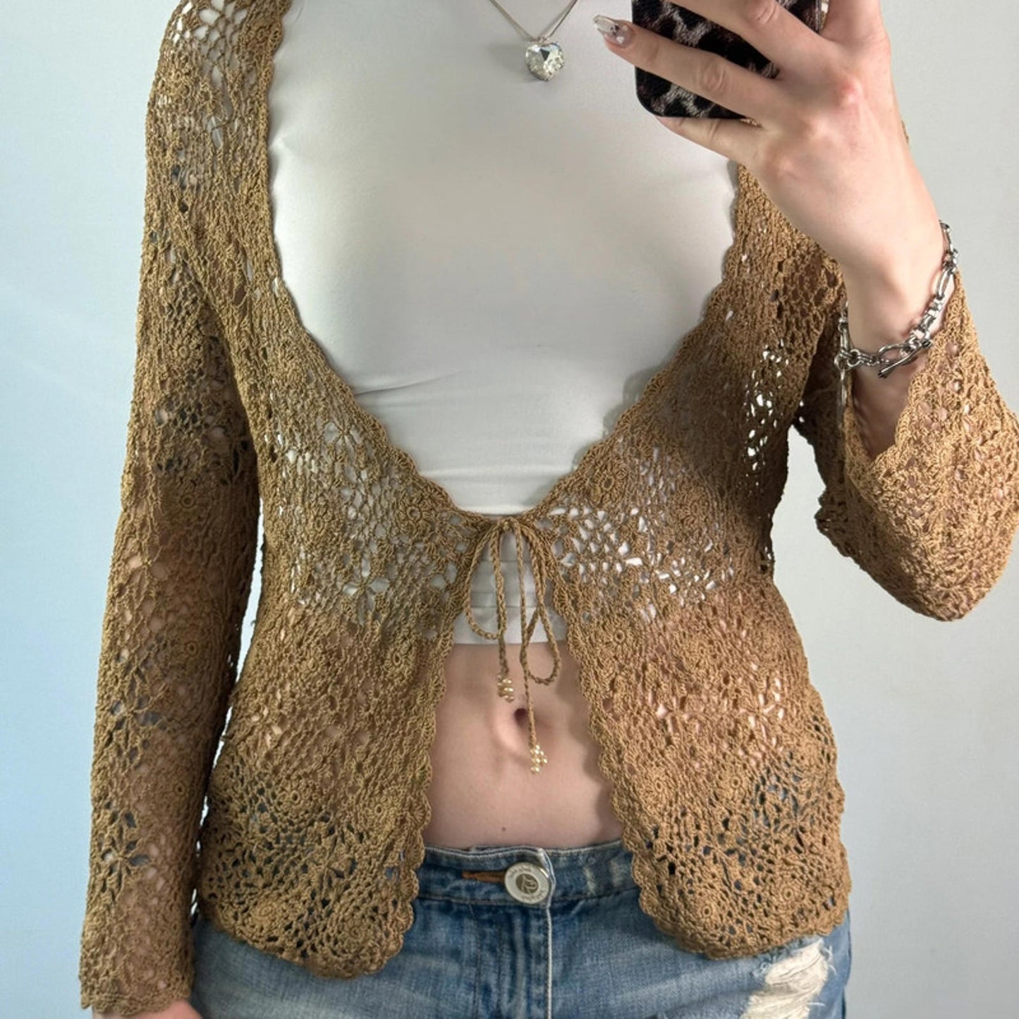 Y2K vintage crochet floral long sleeve cardigan boho tie bow front sheer summer