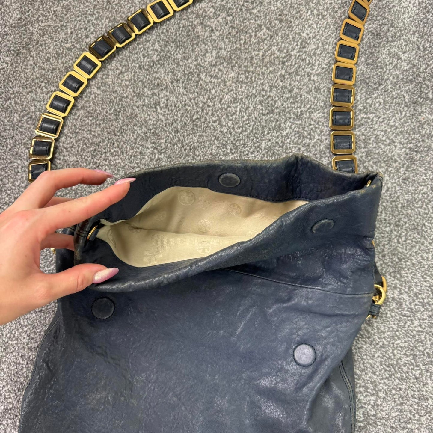 Tory Burch Louisa genuine leather messenger bag crossbody chain navy medium