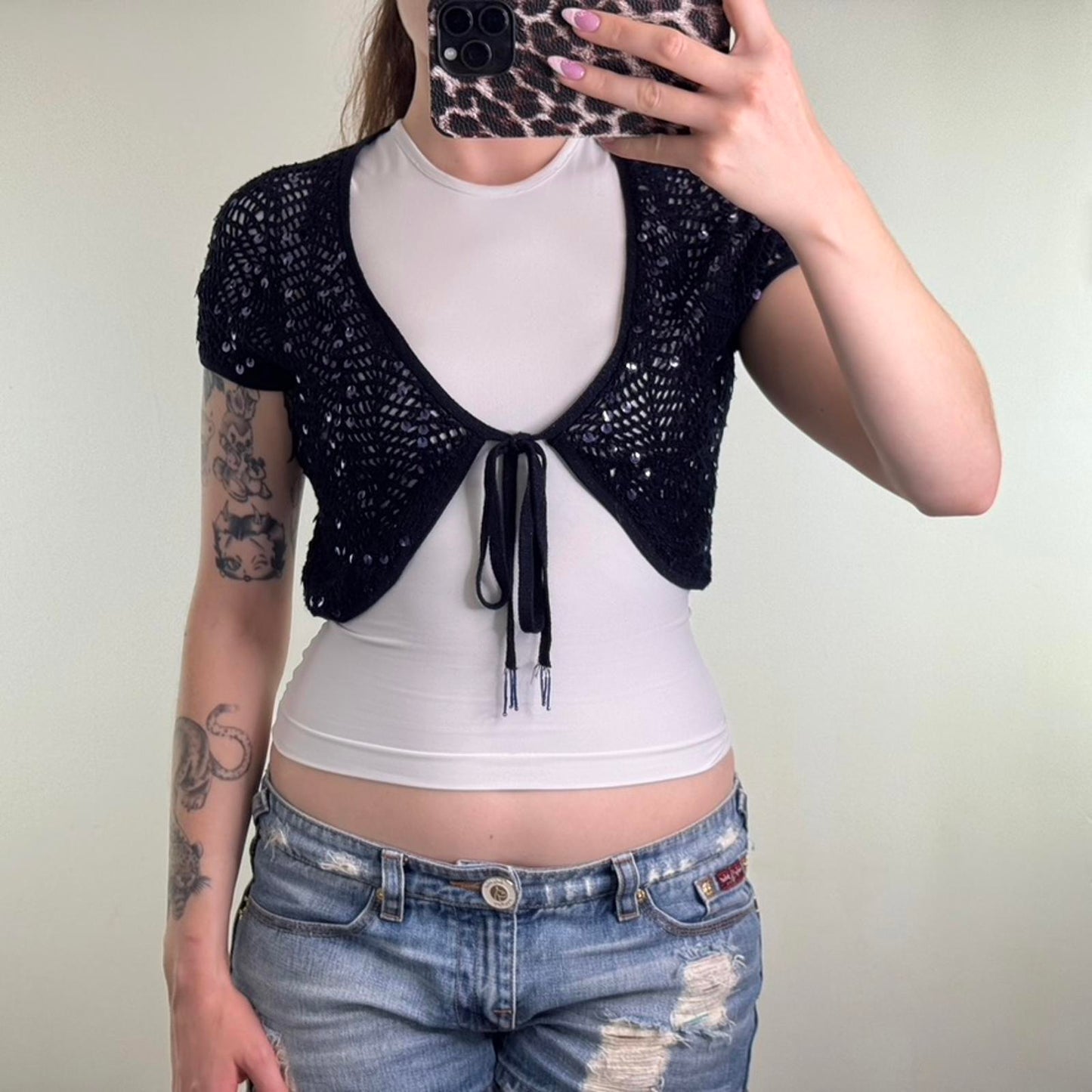 Y2K vintage crochet knit cropped cardigan short sleeve sequin tie bow front