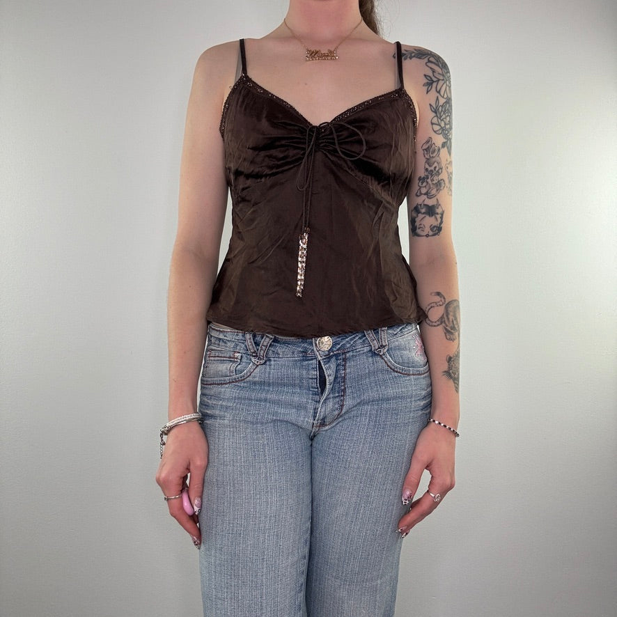 Y2K silk beaded floaty cami top