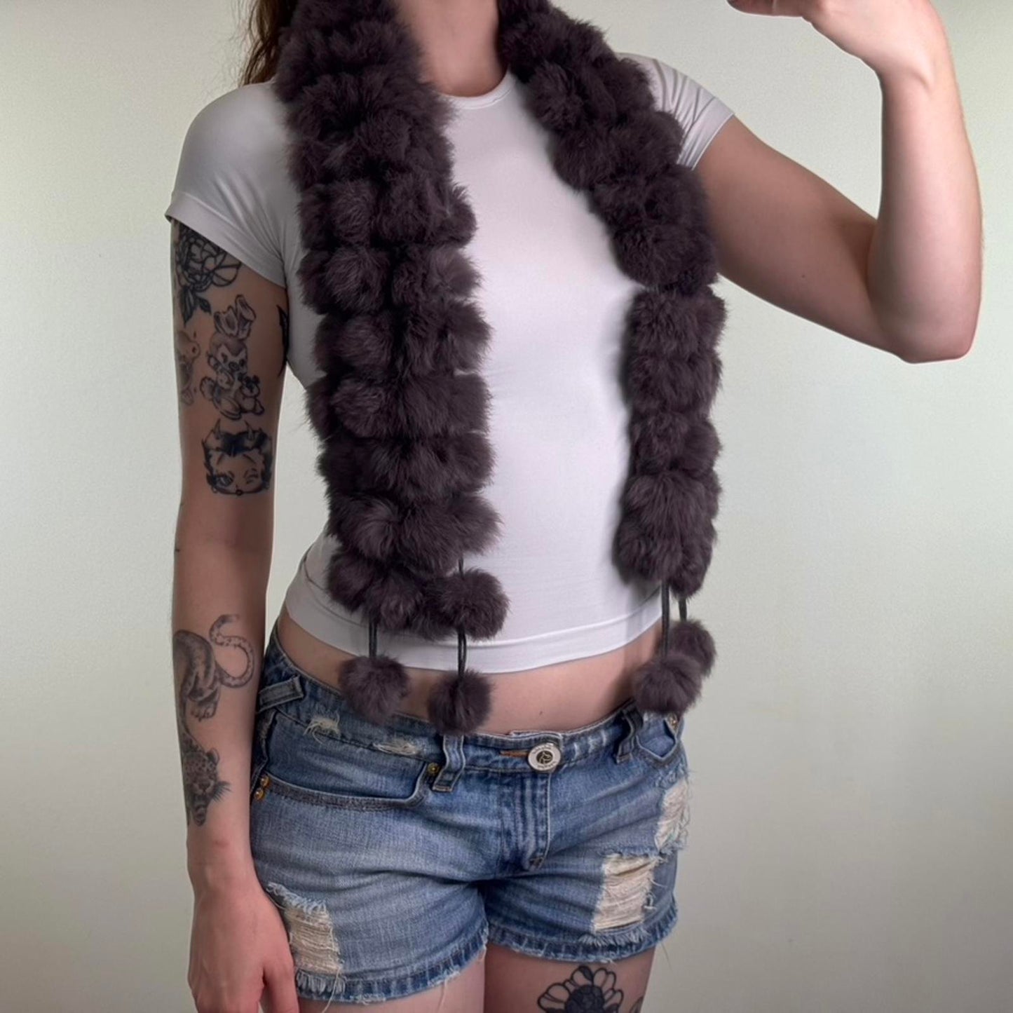 Genuine 100% real fur scarf pom poms brown lapin soft