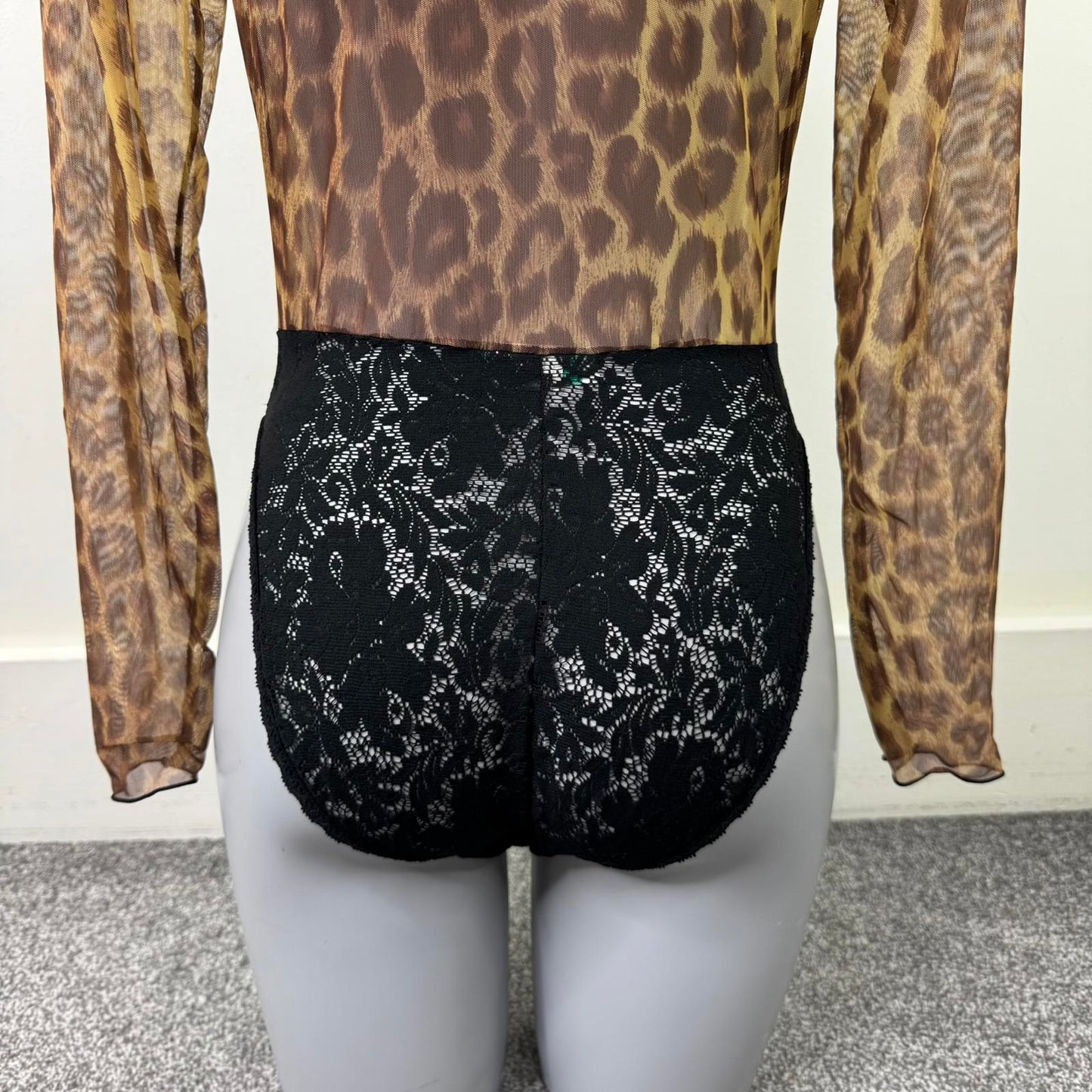 80s vintage Guy Laroche long sleeve bodysuit mesh lace leopard print sheer