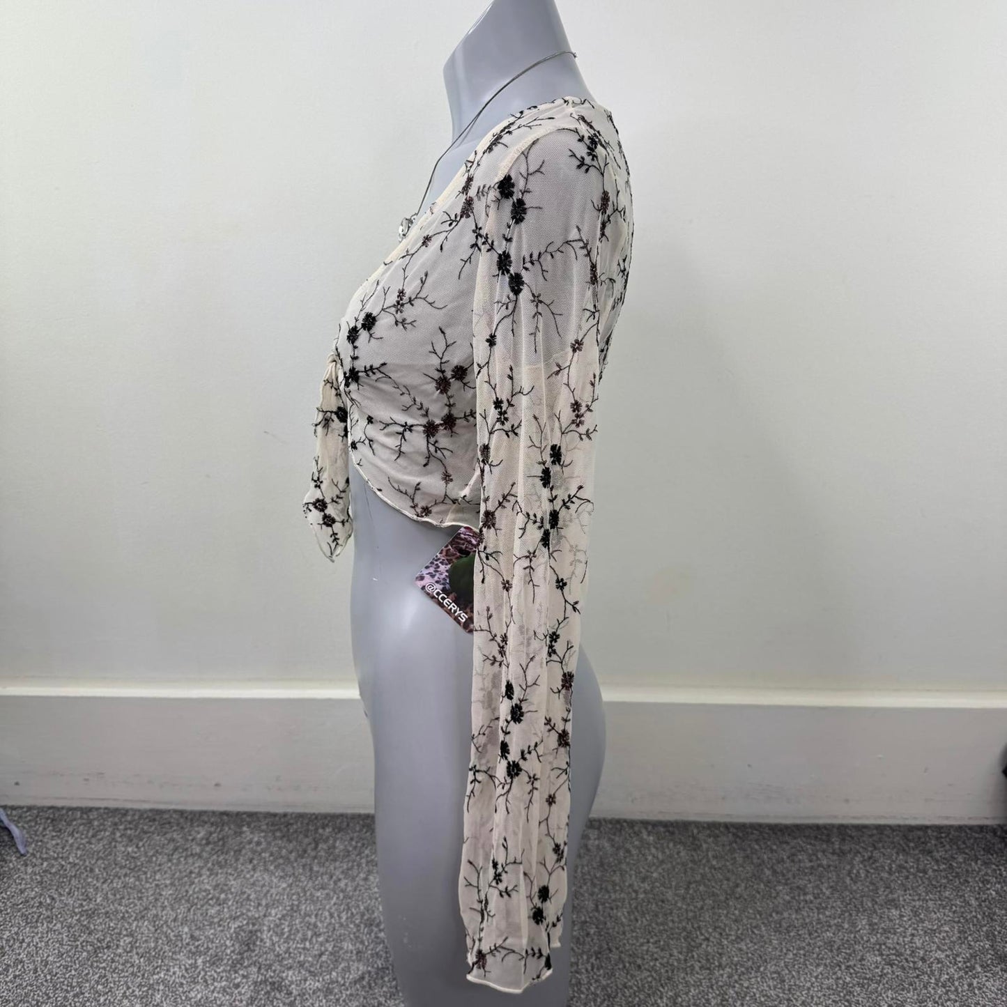 Y2K vintage mesh cardigan long sleeve floral embroidered bow sheer stretchy