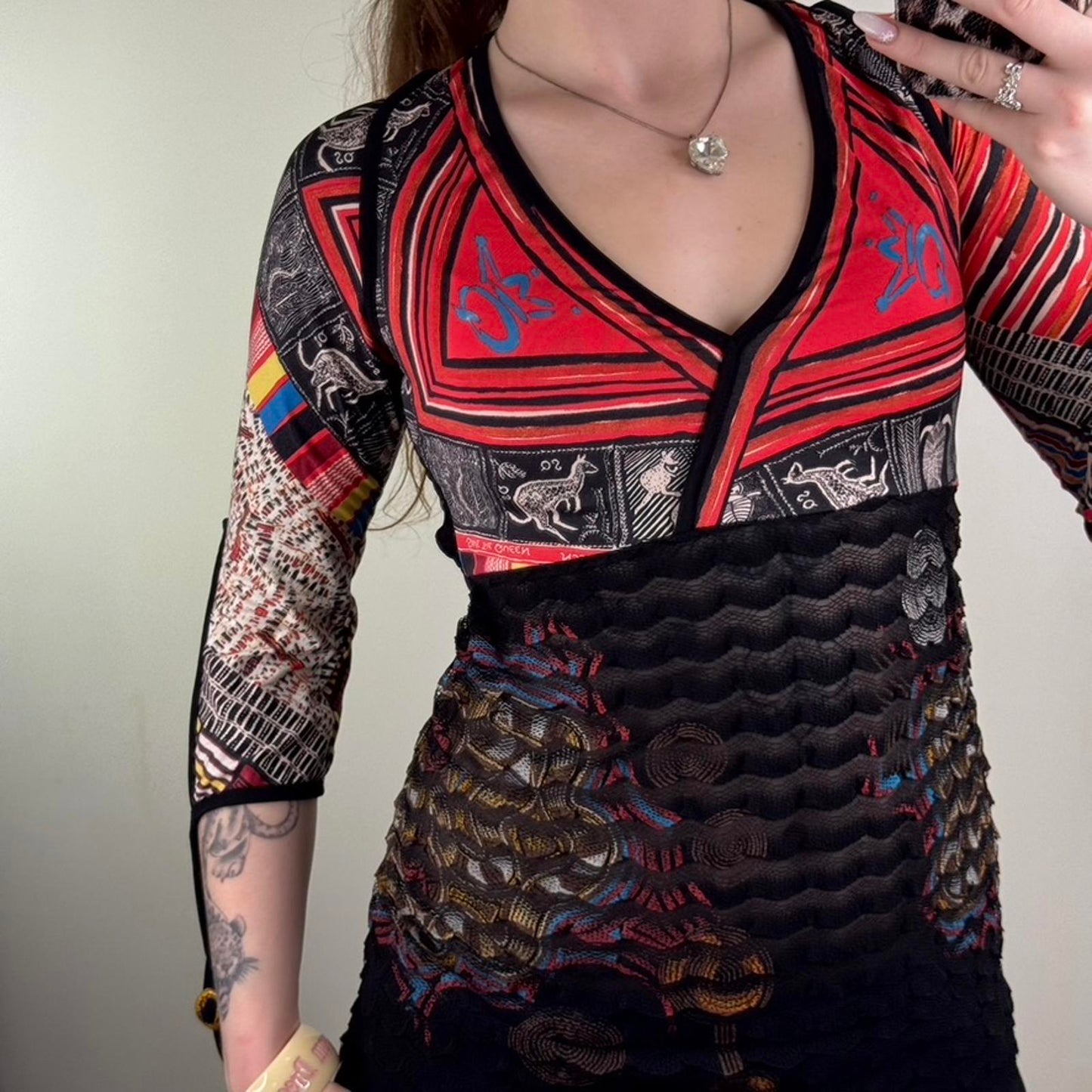 Y2K vintage Save The Queen top 3/4 sleeve top Australia aboriginal print mesh