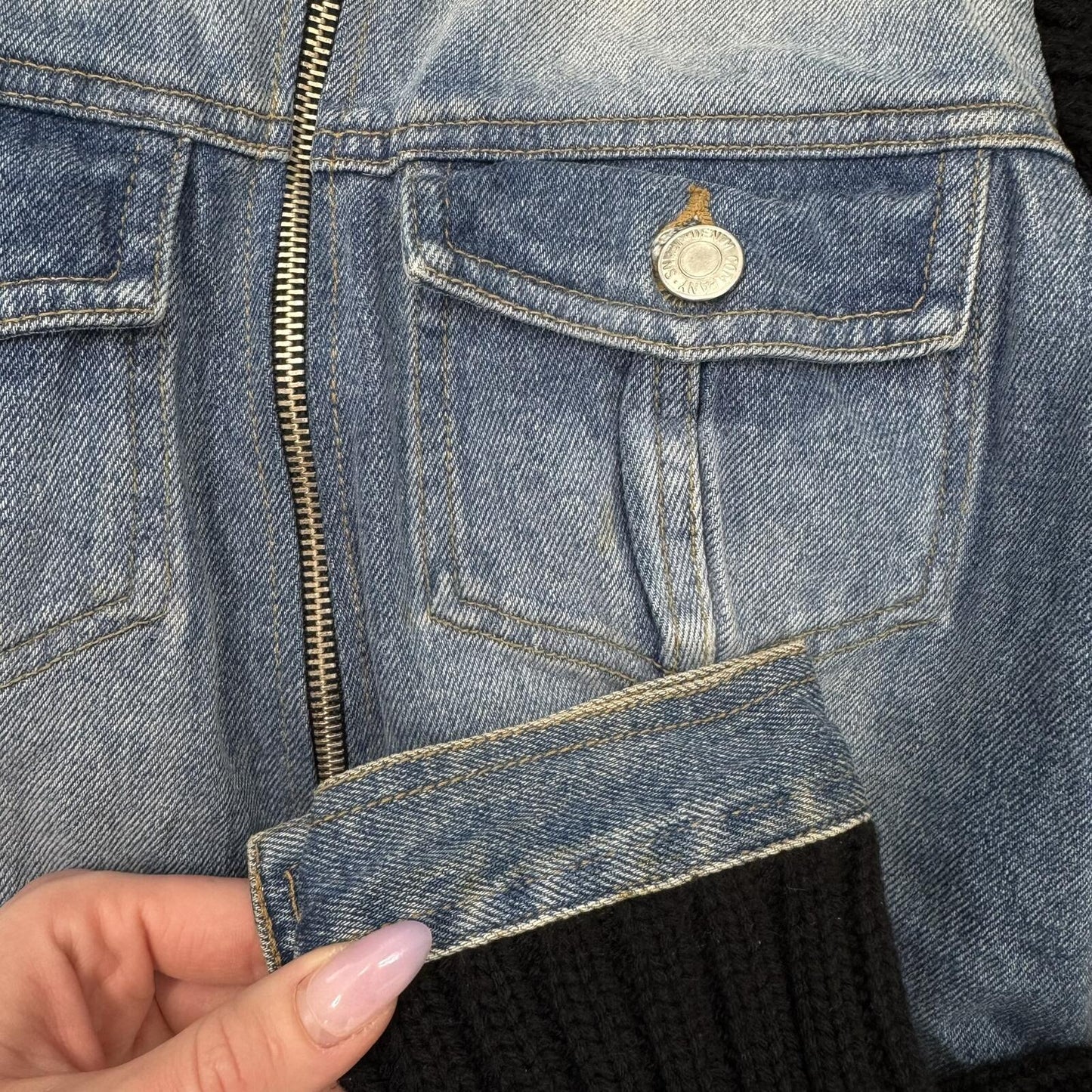Y2K vintage denim jacket zip up high neck ribbed knit faded blue wash short crop