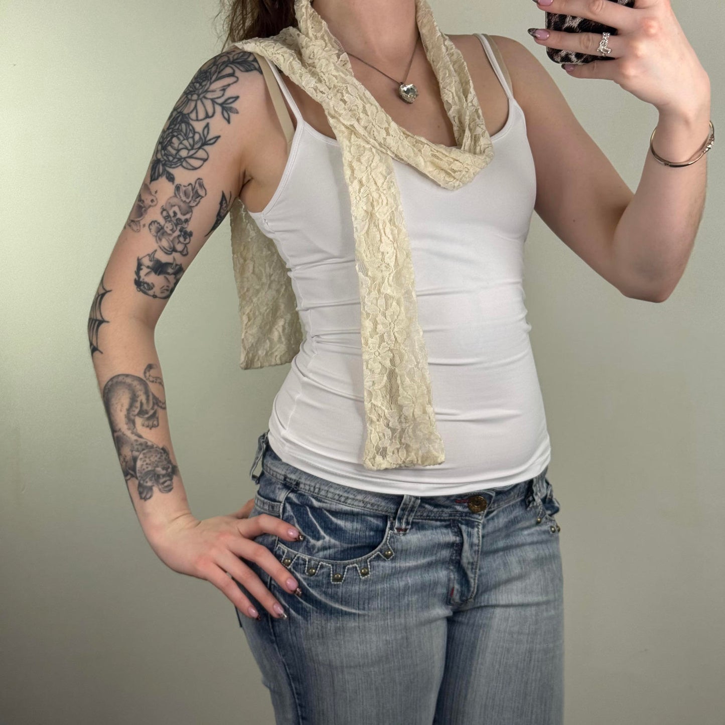 Y2K vintage lace scarf thin skinny cream coquette floral