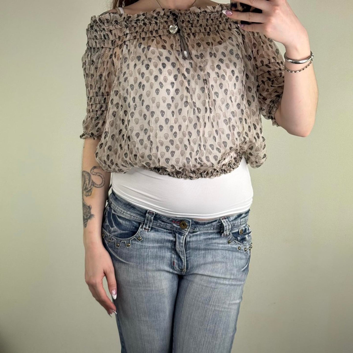 Y2K vintage blouse skull print short sleeve cropped keyhole sheer lightweight