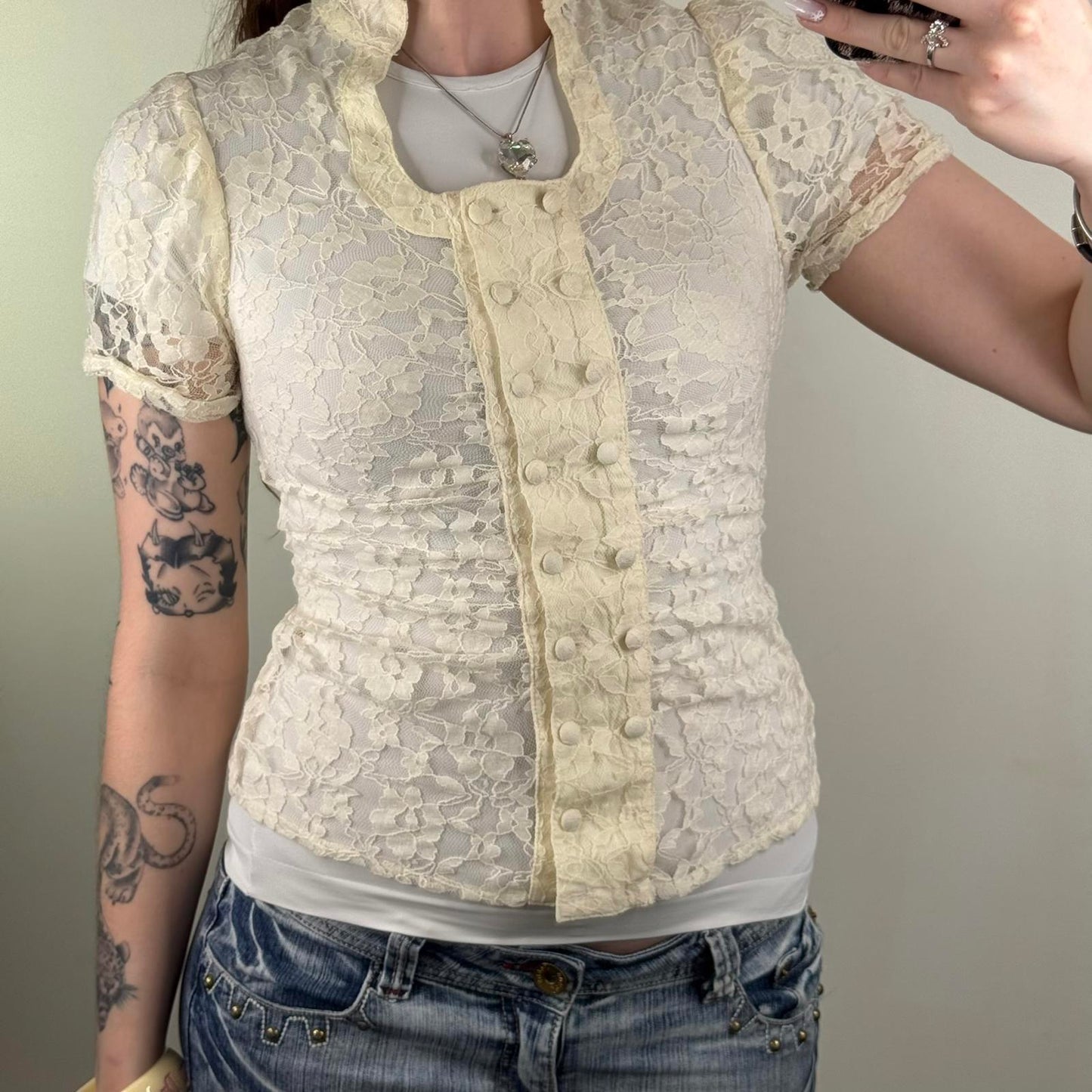 Y2K vintage lace sheer short sleeve top military buttons cream floral coquette