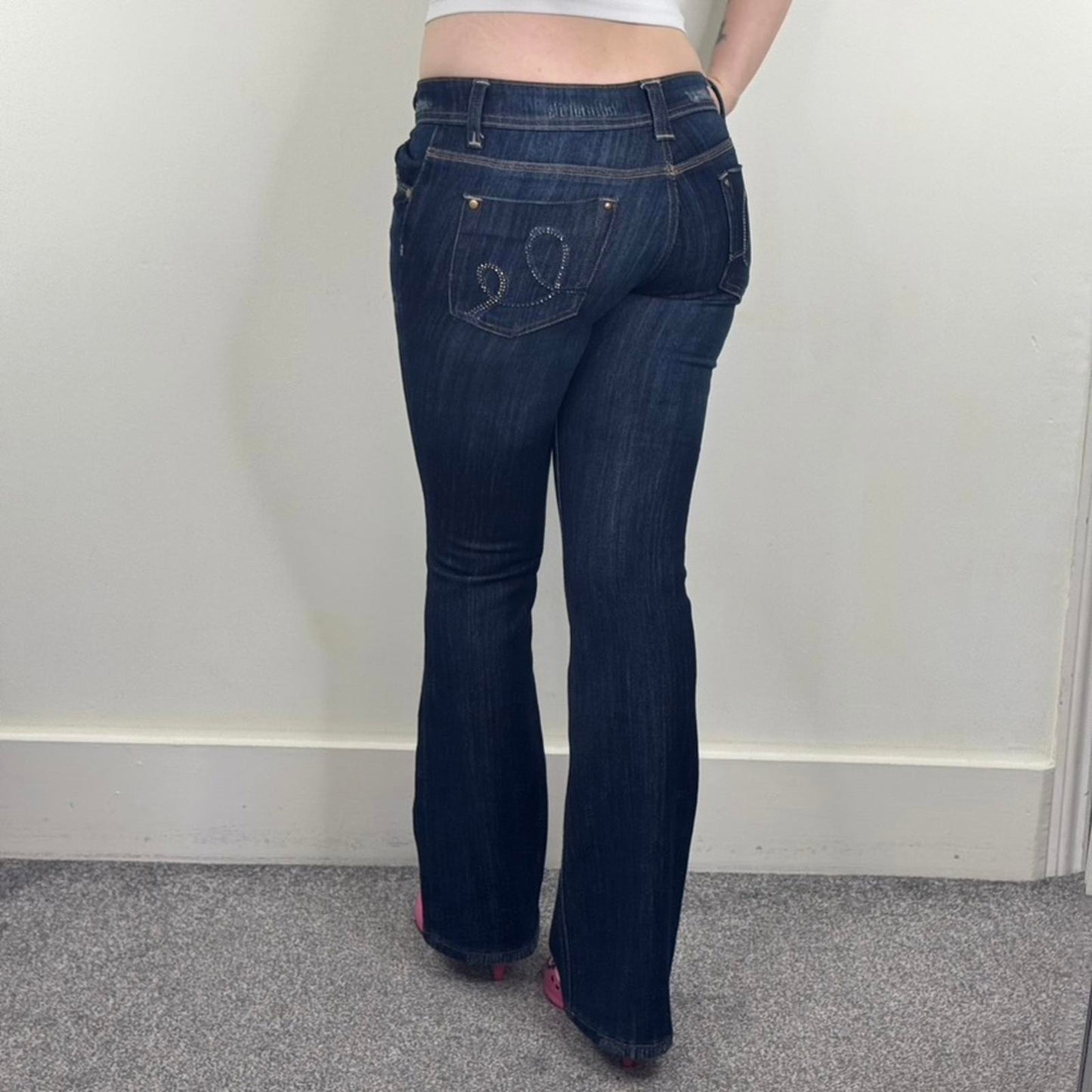 Y2K vintage low rise bootcut jeans dark blue wash studded denim stretchy