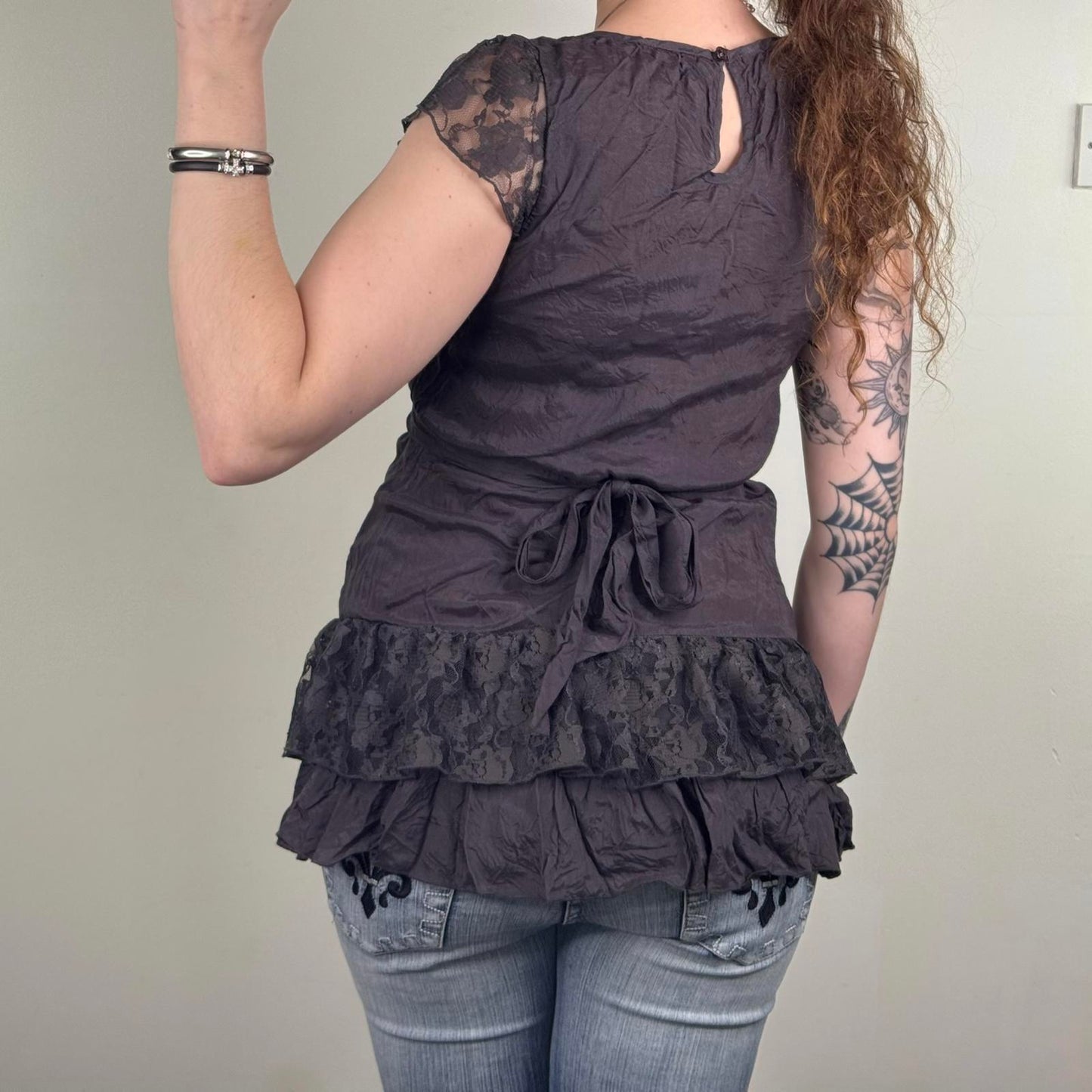 Y2K vintage coquette lace ruffle short sleeve blouse tie back bow layered tiered