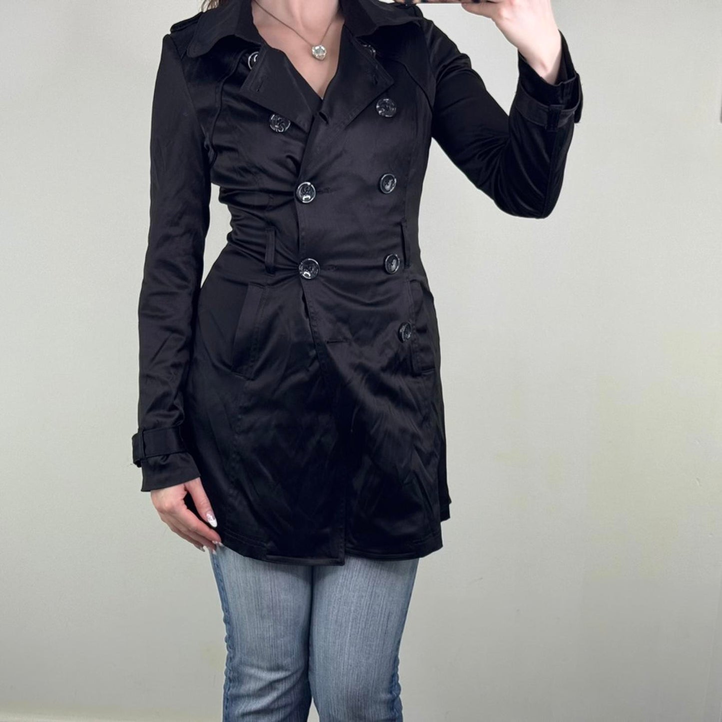 Vintage Jane Norman trench jacket short black satin button up double breasted