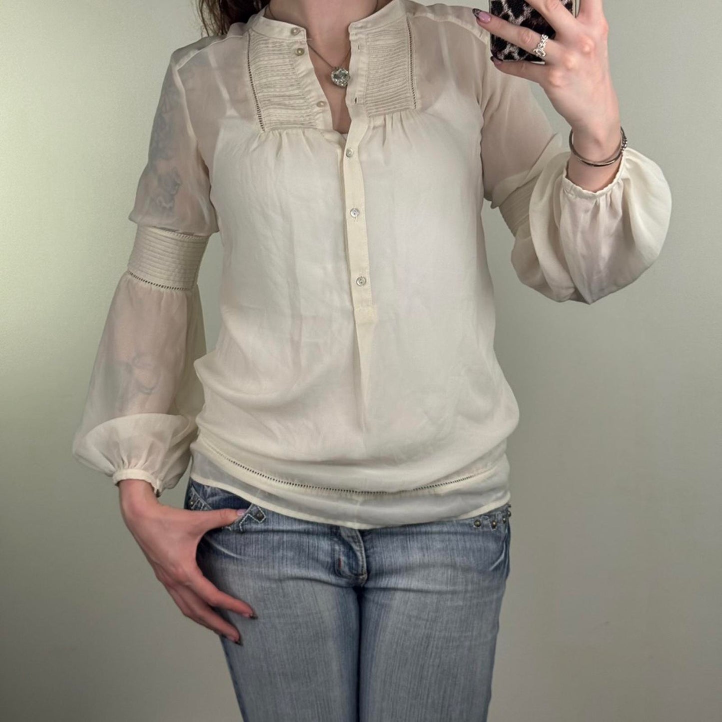 Y2K vintage blouse sheer long sleeve puff bell sleeve button up high neck boho