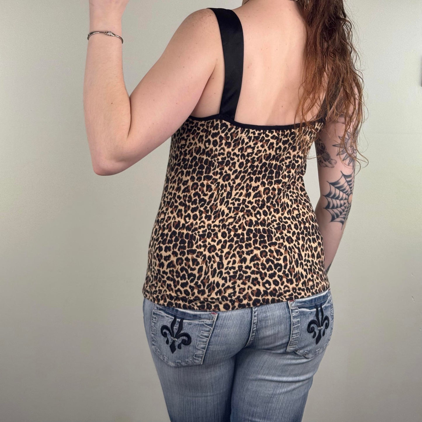 Y2K vintage leopard cami top oversize bow tank print ruffle bust v neck