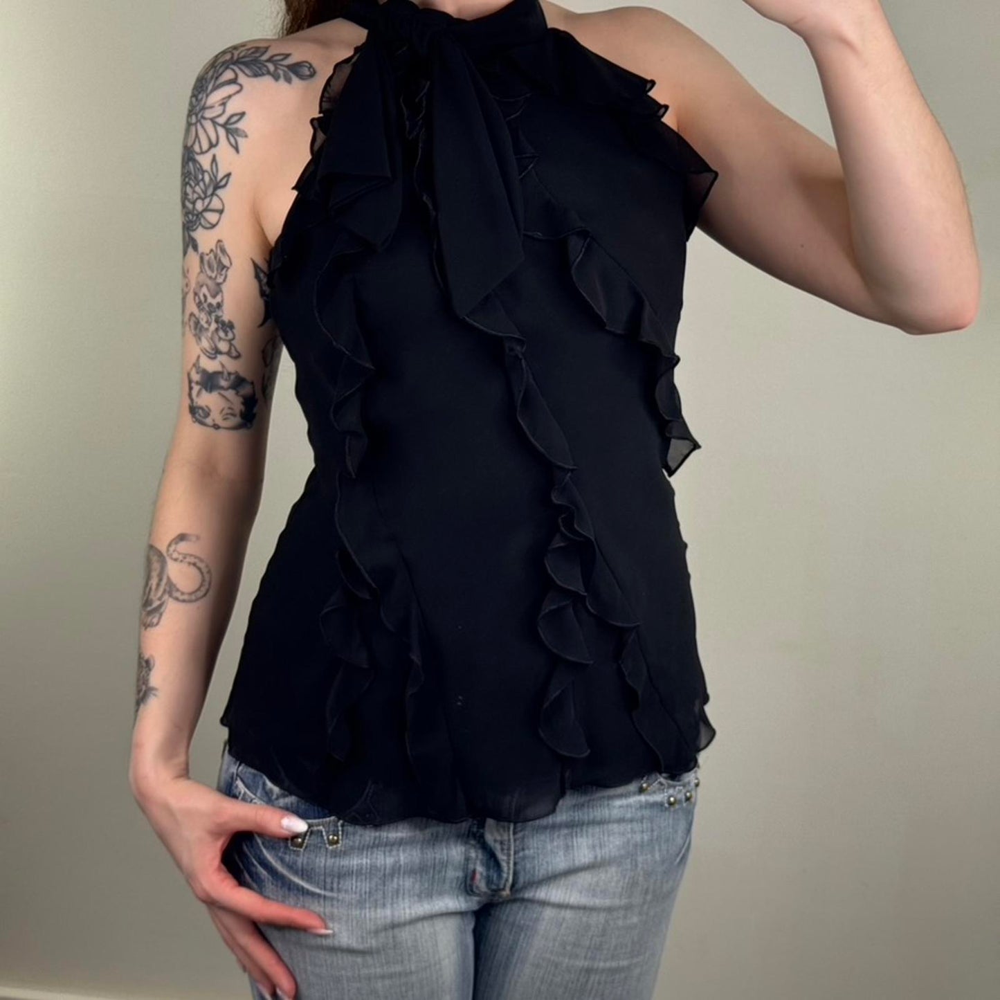 Y2K vintage high neck ruffle sleeveless blouse keyhole oversized bow black