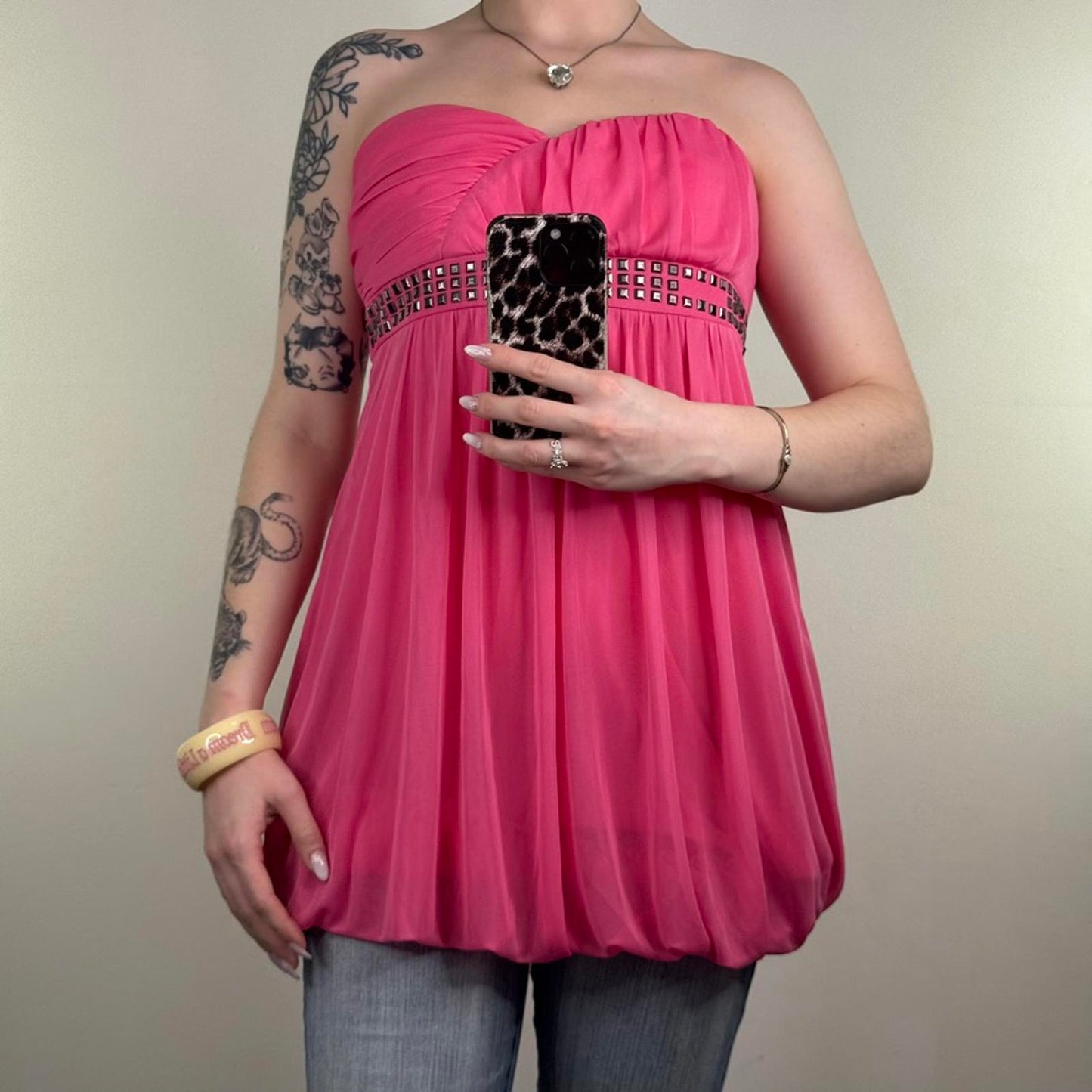 Y2K vintage strapless peplum top studded ruched mesh overlay pink 2010s