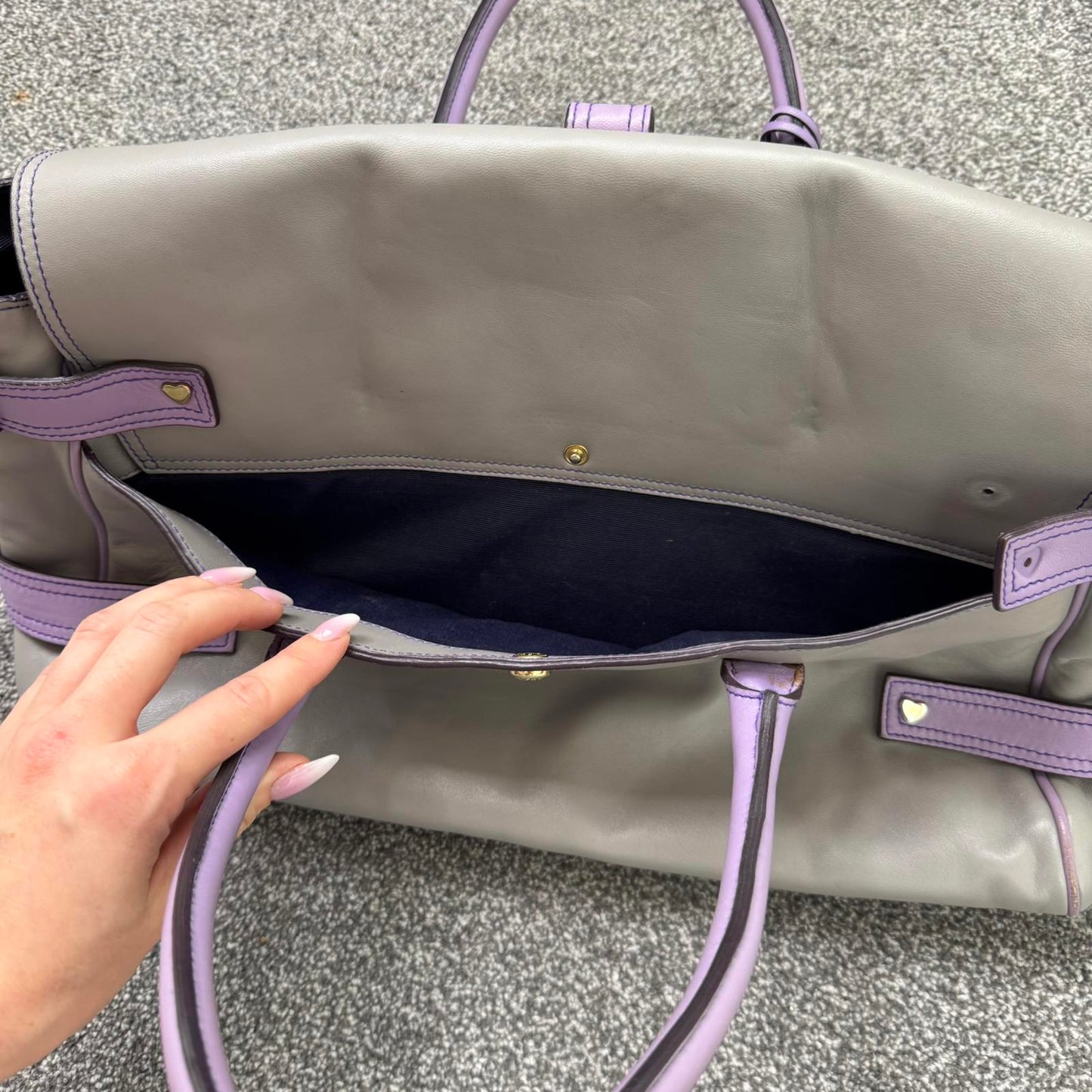 Luella Gisele large handbag grey purple genuine leather two tone grommet hearts