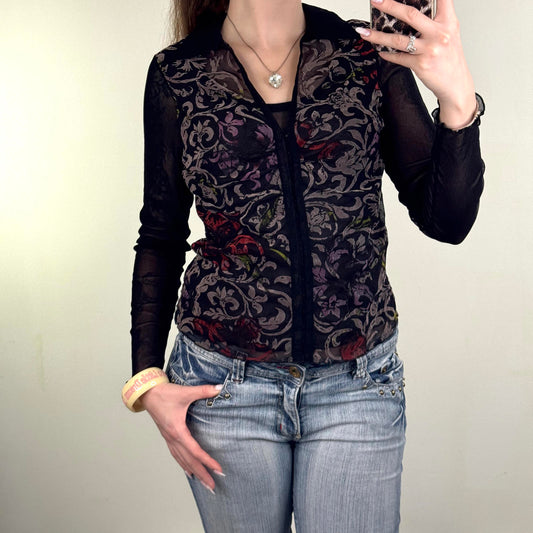 Y2K vintage Per Una mesh long sleeve top floral filigree velvet hook and eye
