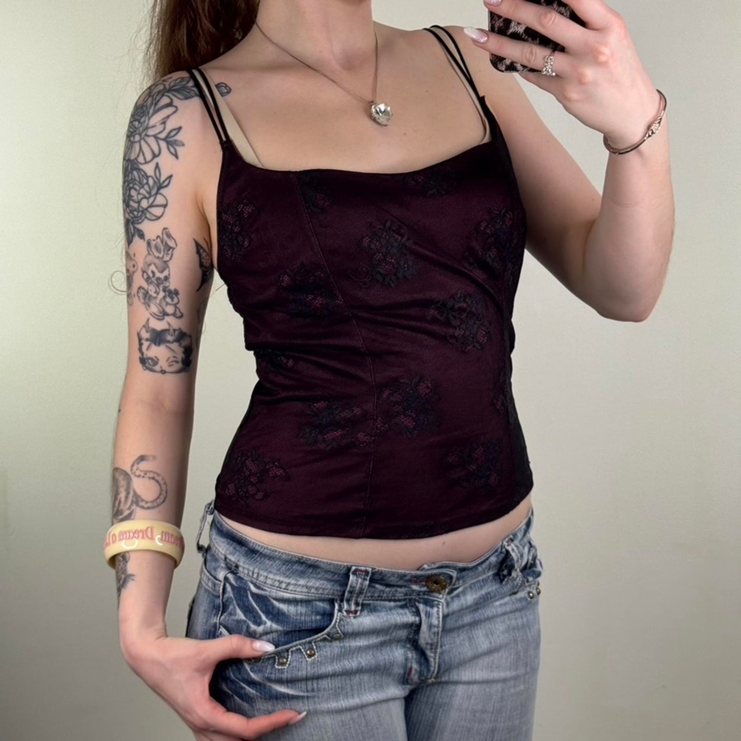 Y2K vintage mesh cami top floral sheer strappy stretchy burgundy black