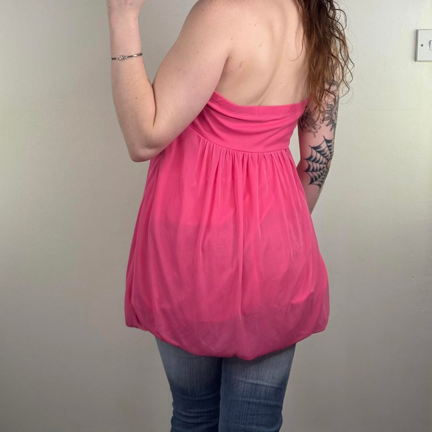 Y2K vintage strapless peplum top studded ruched mesh overlay pink 2010s