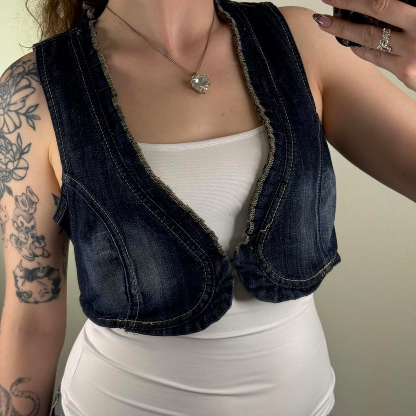 Y2K vintage denim waistcoat top cropped v neck frill hook and eye faded blue