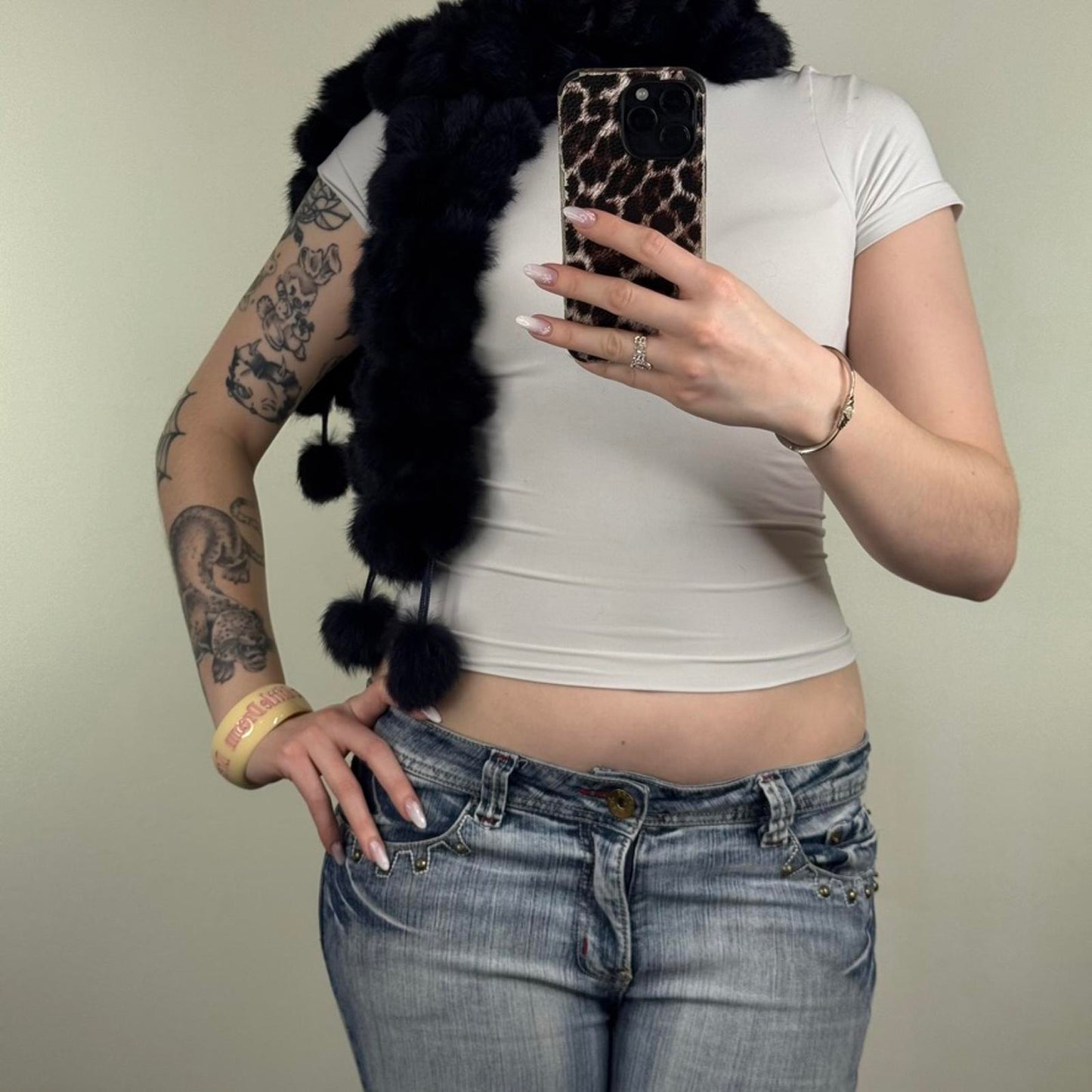 Y2K vintage genuine real fur scarf pom poms navy